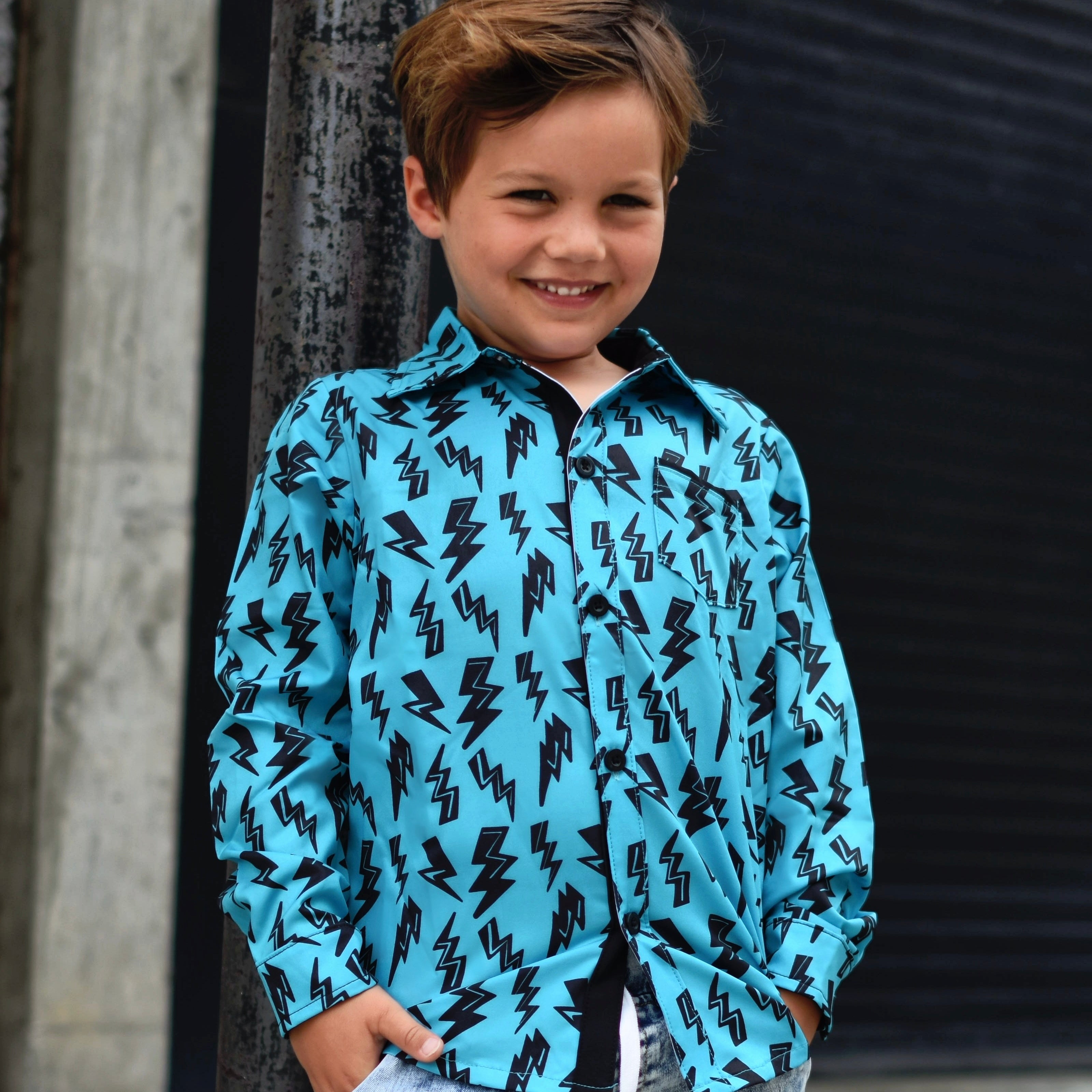 Blue Bolts Long Sleeve Collared Shirt