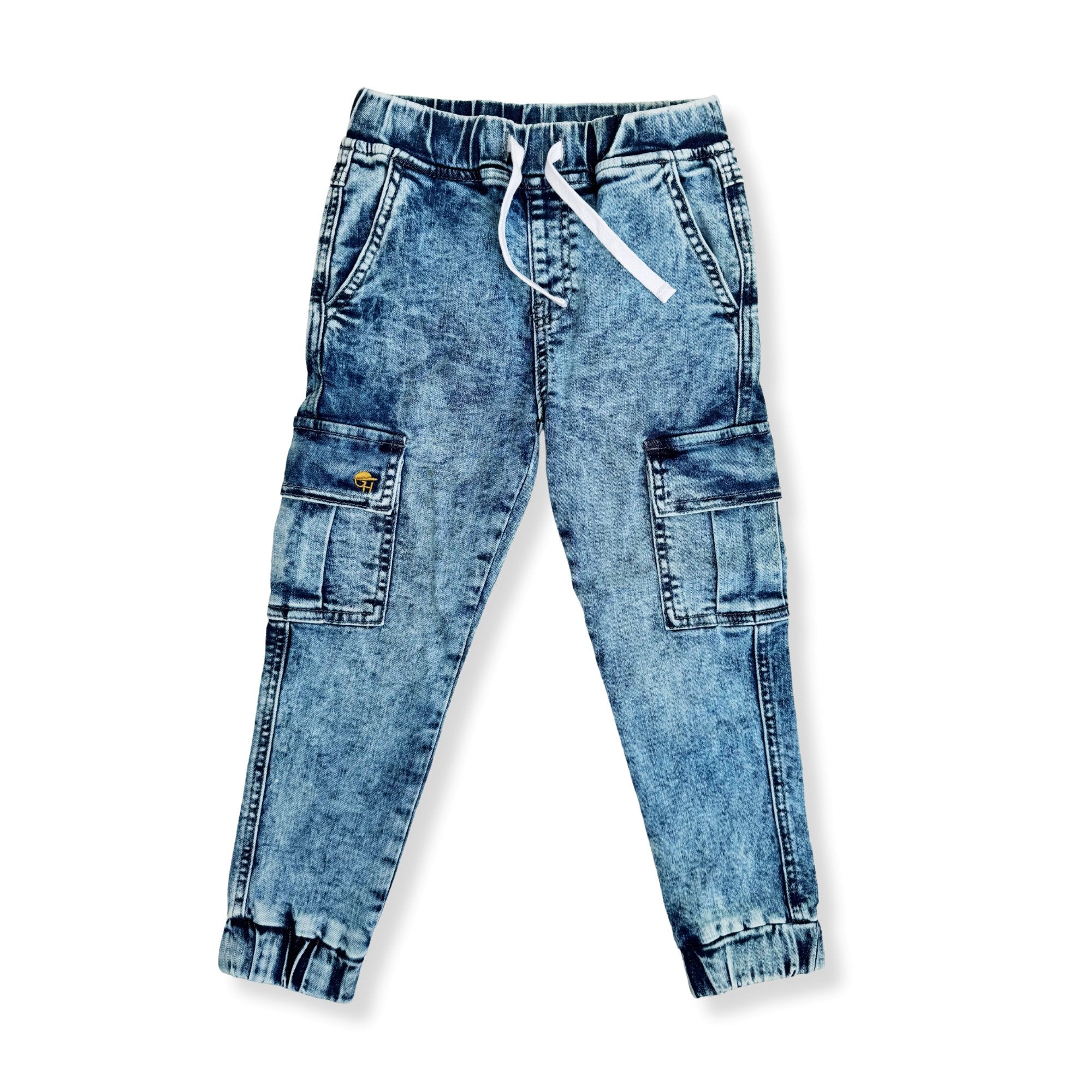 Cargo Acid Wash Blue Denim Jogger Pants - George Hats