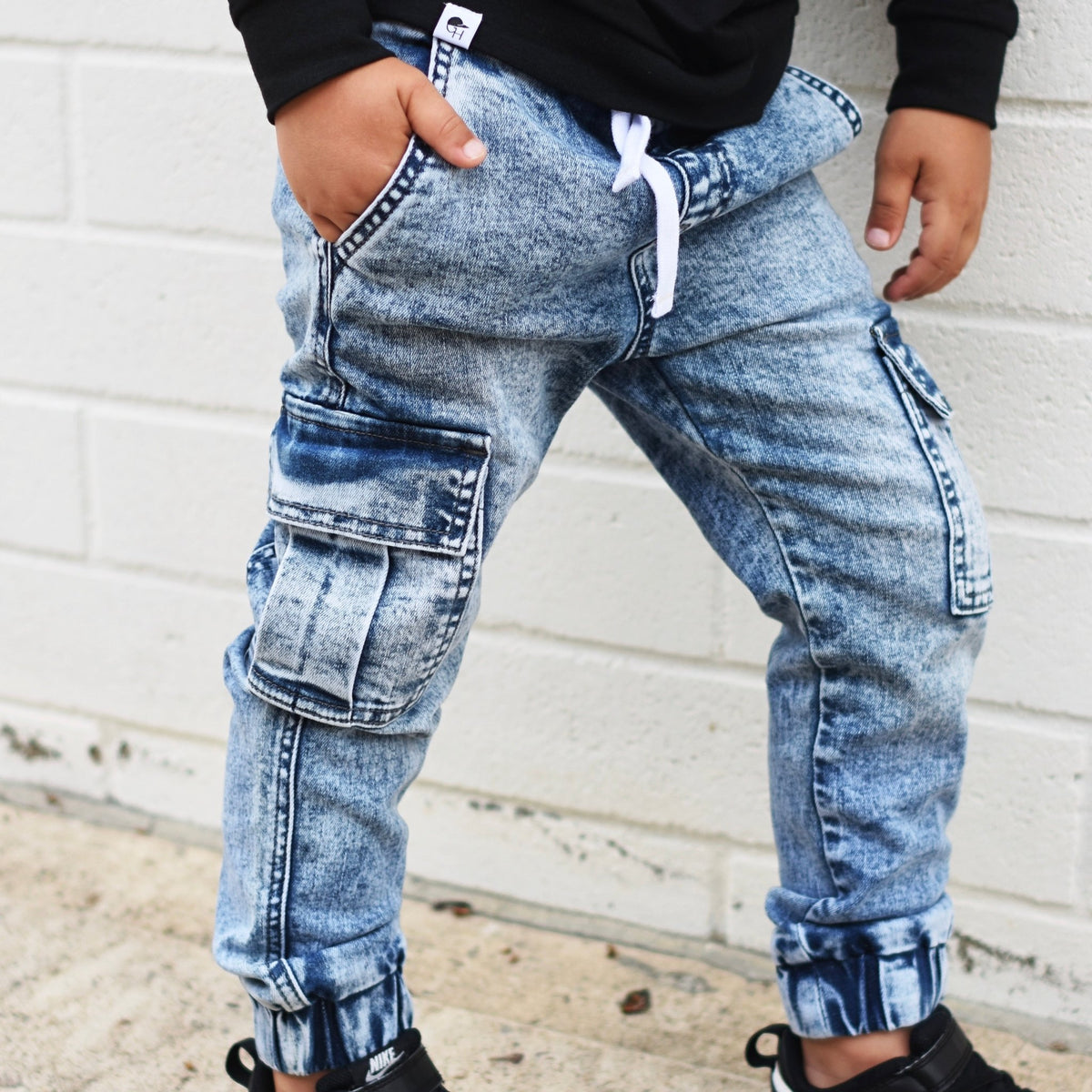 Acid Wash Cargo Denim Jogger Pants Pants the will outlast