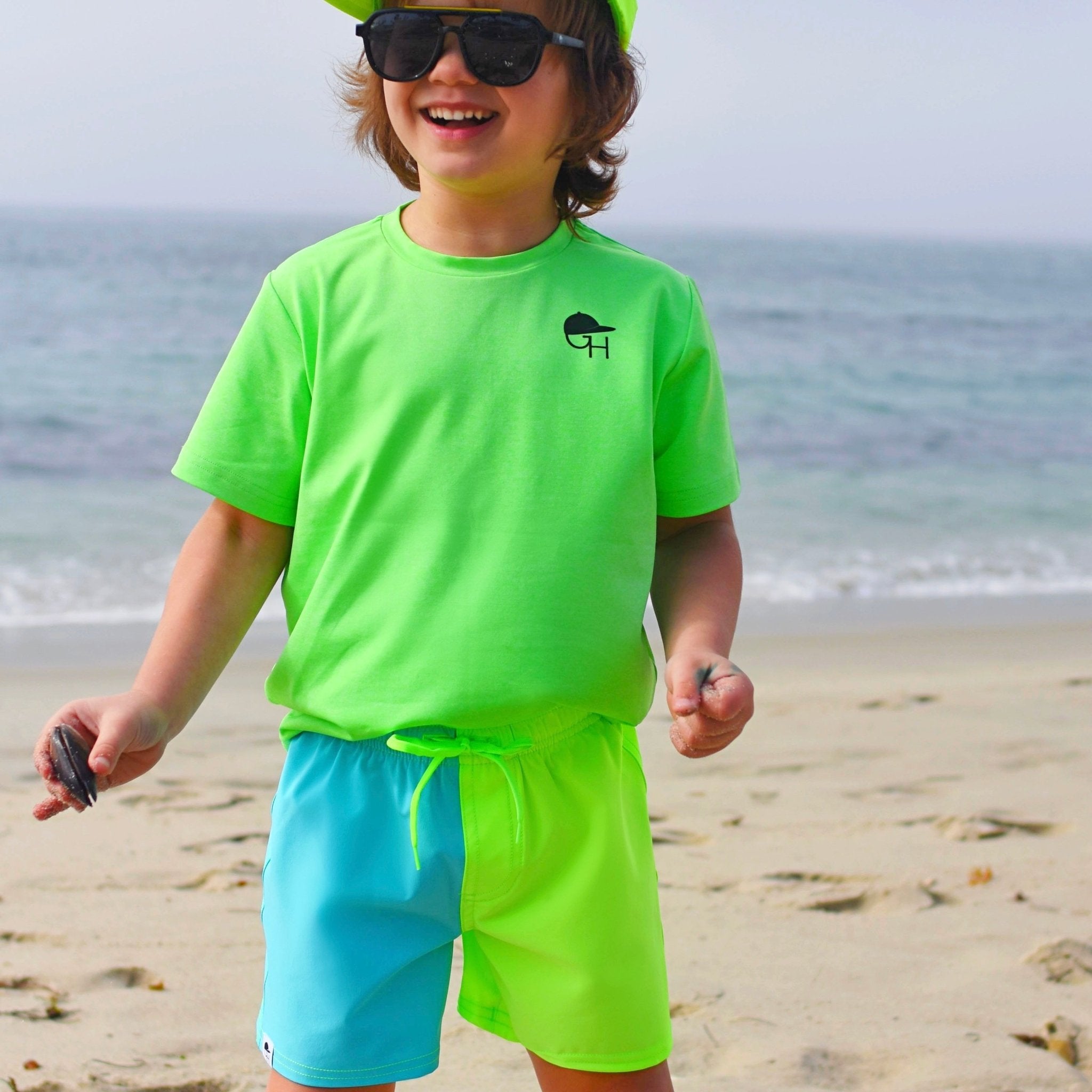 Neon Green Blue Color Block Hybrid Swim Shorts - George Hats