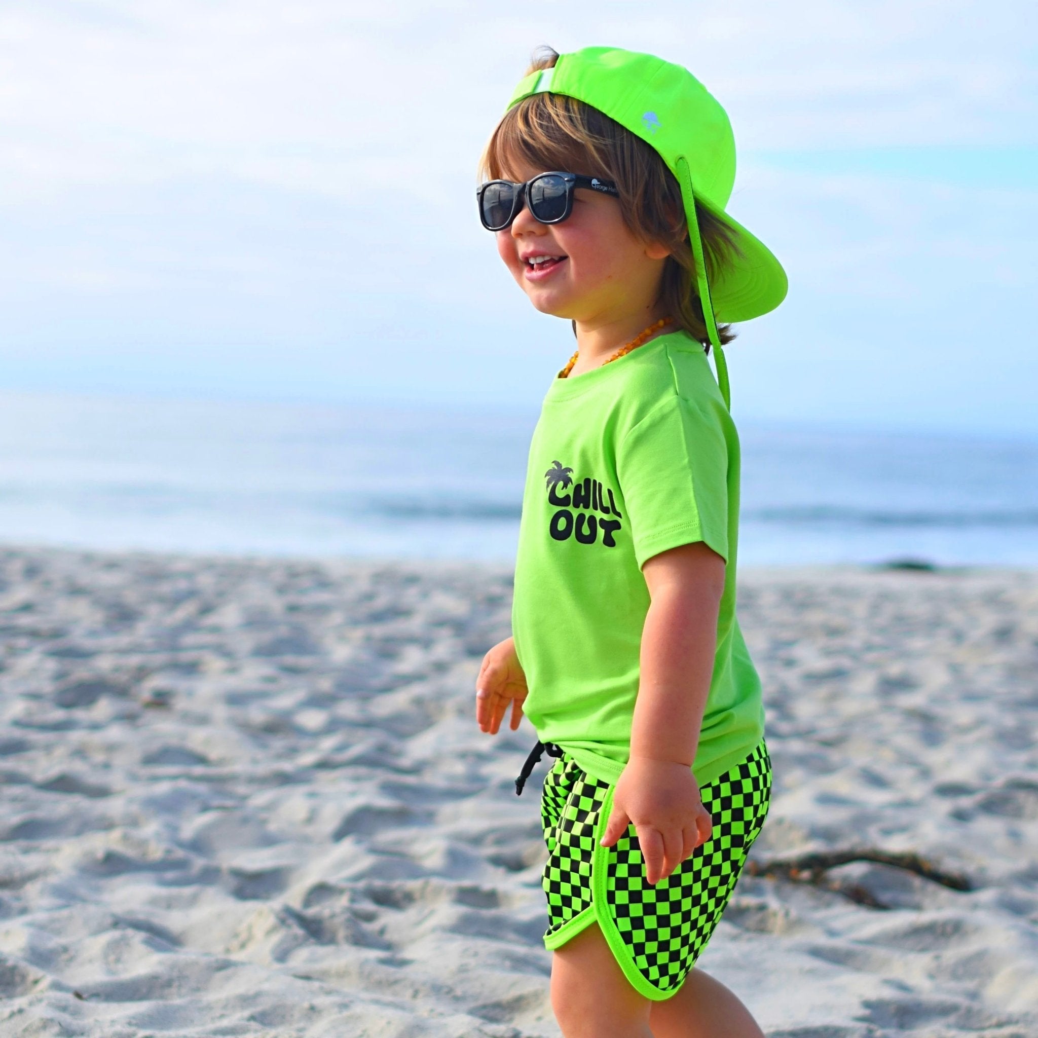 Neon Green Check Track Swim Shorts - George Hats