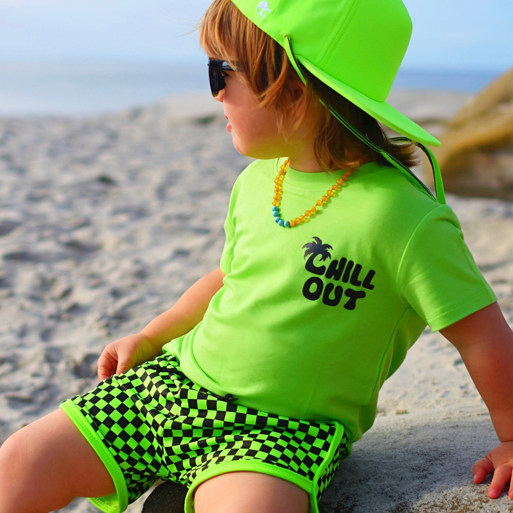 Neon Green Check Track Swim Shorts - George Hats