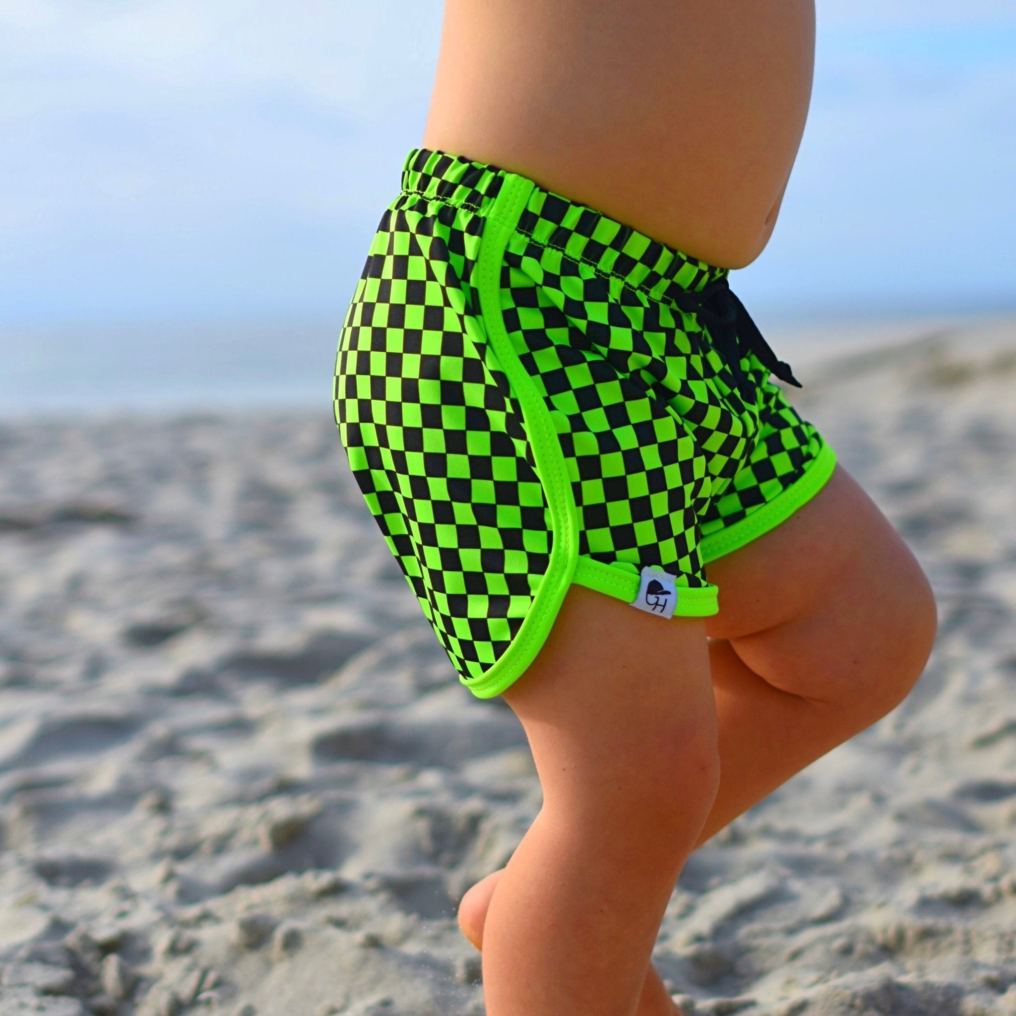 Neon Green Check Track Swim Shorts - George Hats