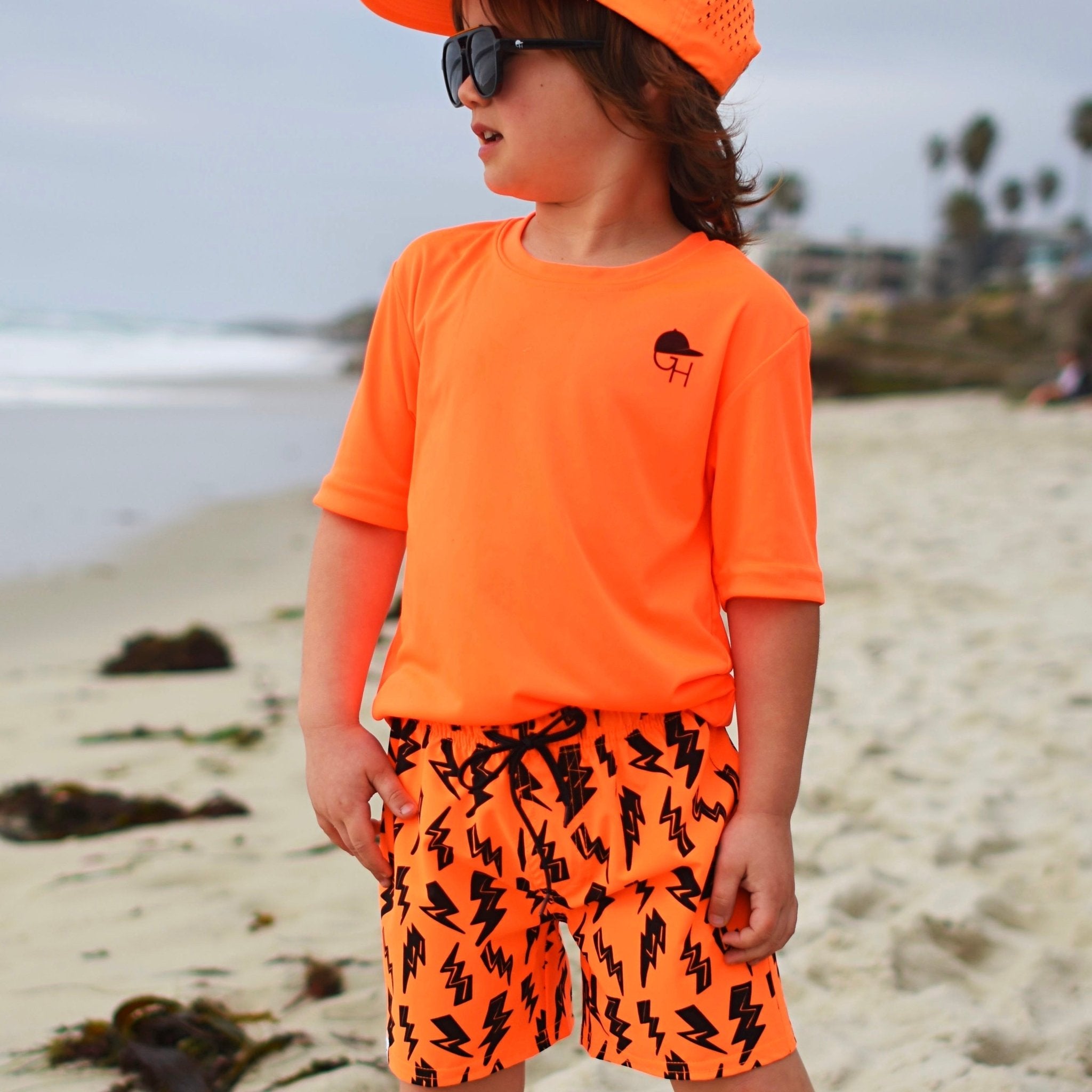 Neon Orange Bolt Hybrid Swim Shorts - George Hats