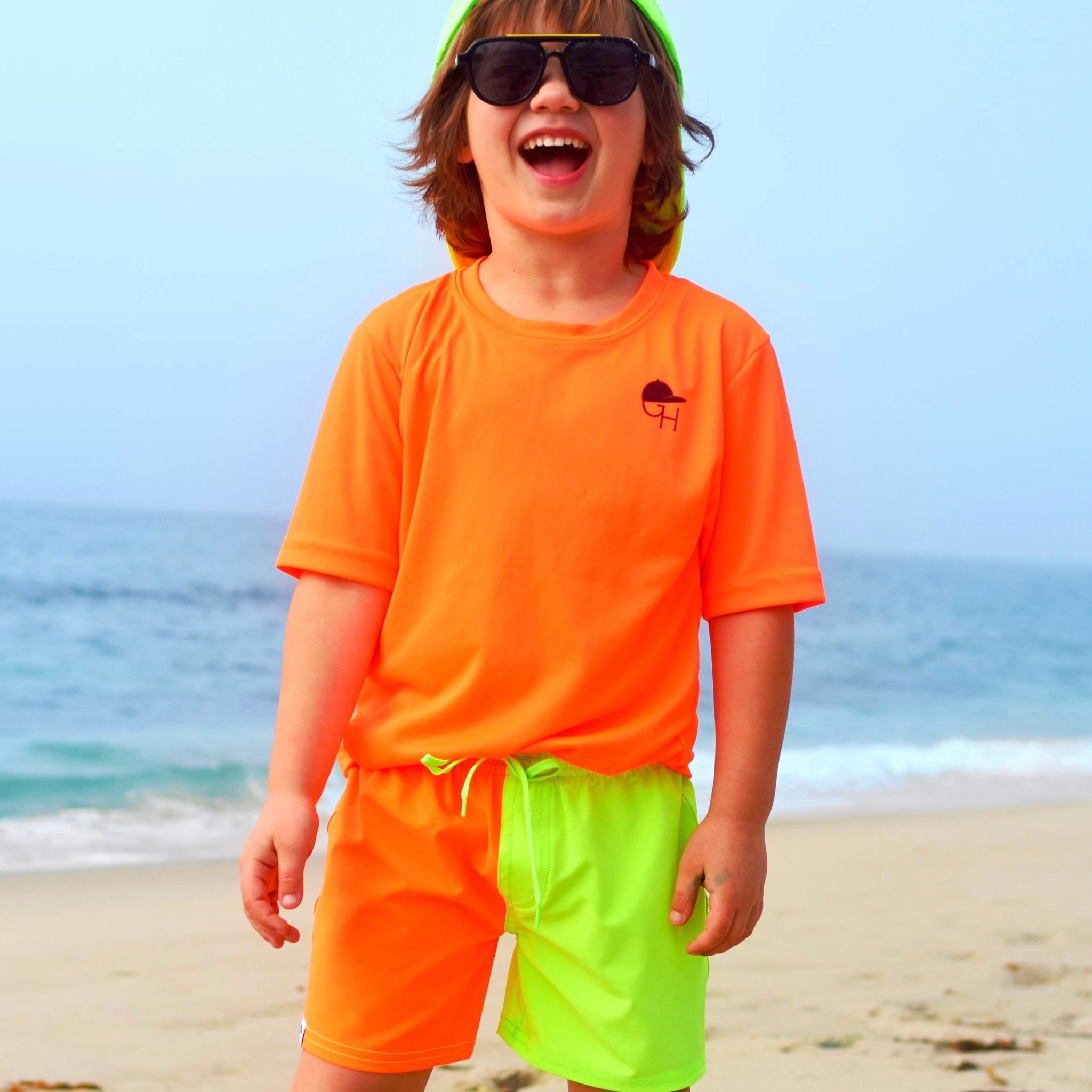 Neon Orange Green Color Block Hybrid Swim Shorts - George Hats