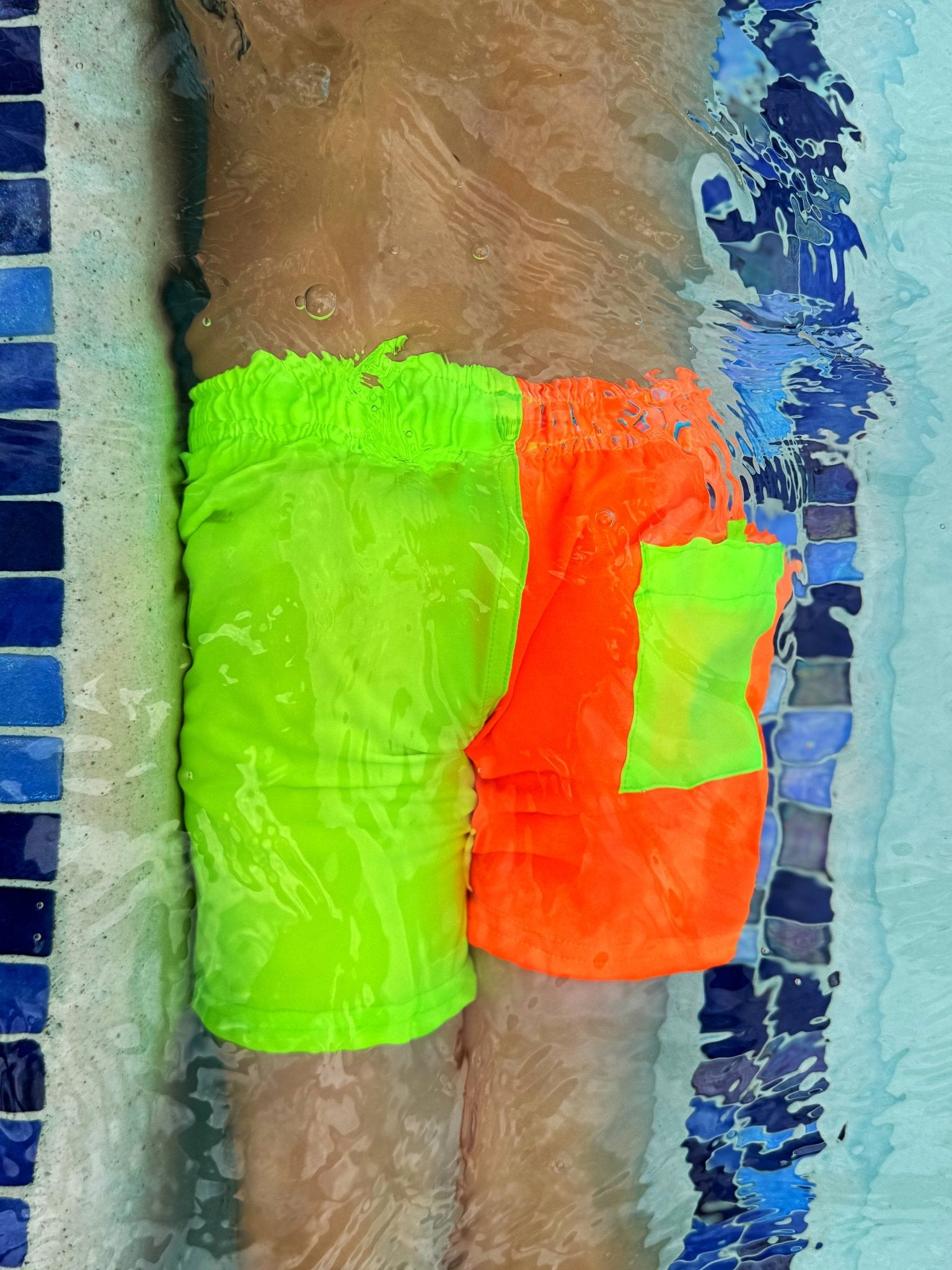 Neon Orange Green Color Block Hybrid Swim Shorts - George Hats