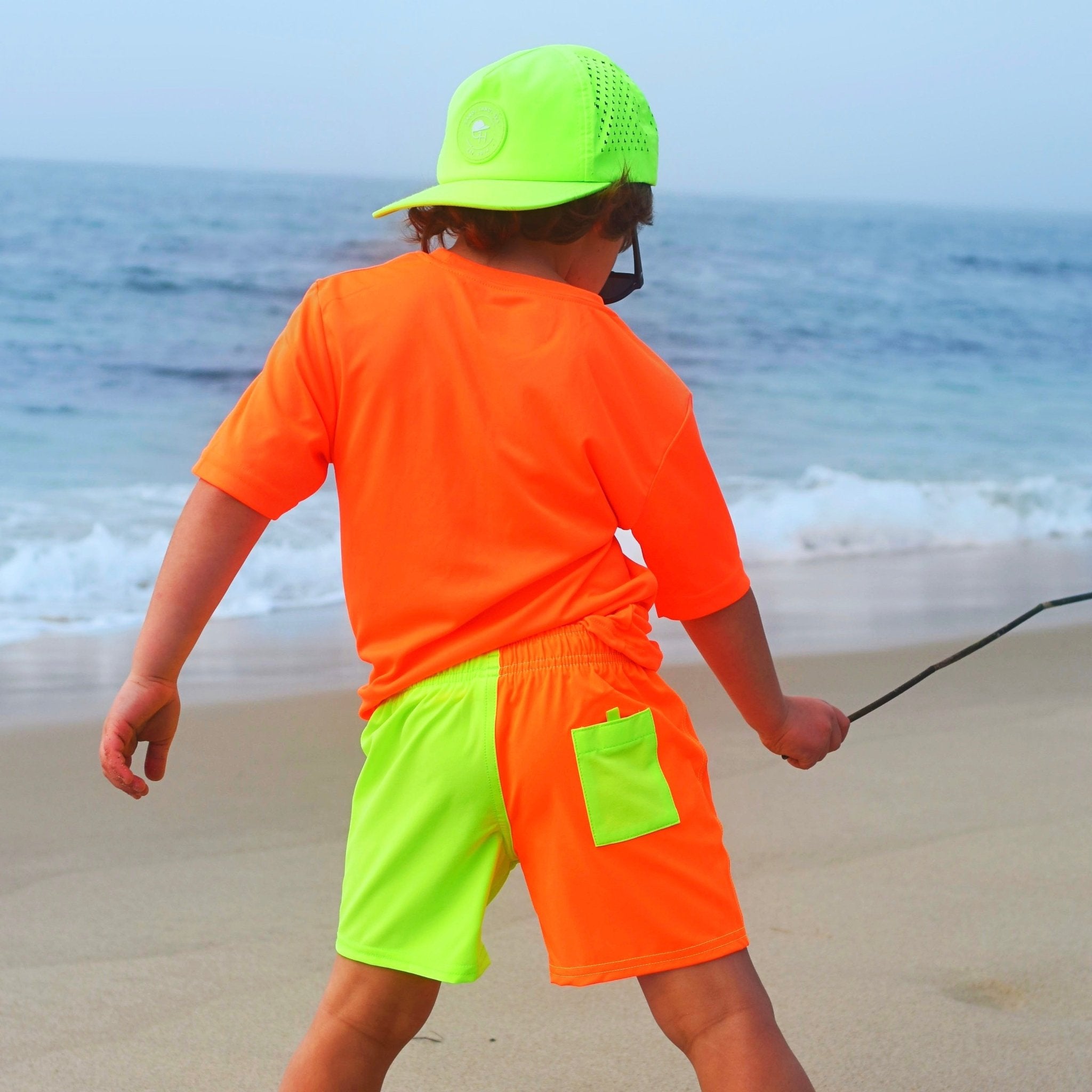 Neon Orange Green Color Block Hybrid Swim Shorts - George Hats