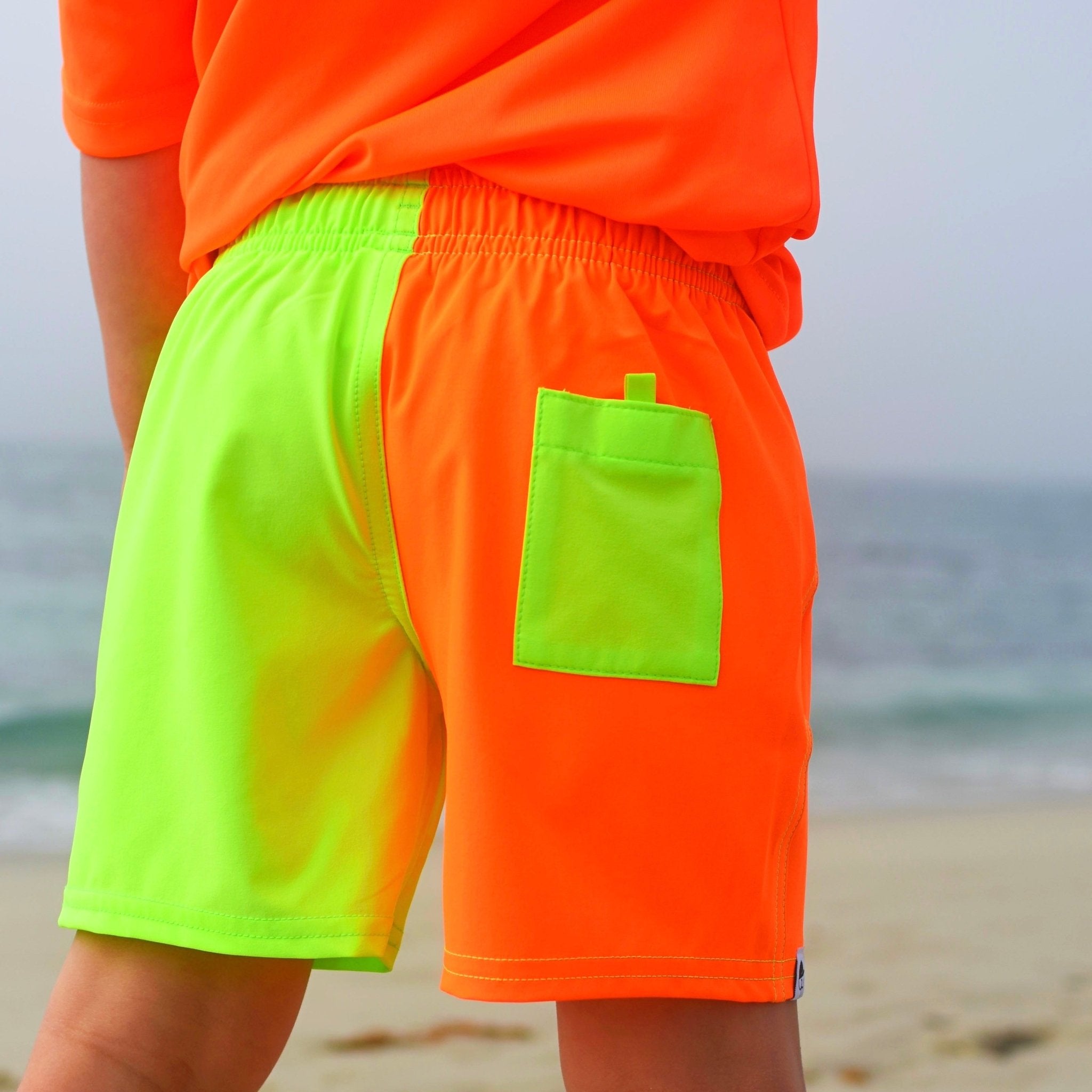 Neon Orange Green Color Block Hybrid Swim Shorts - George Hats