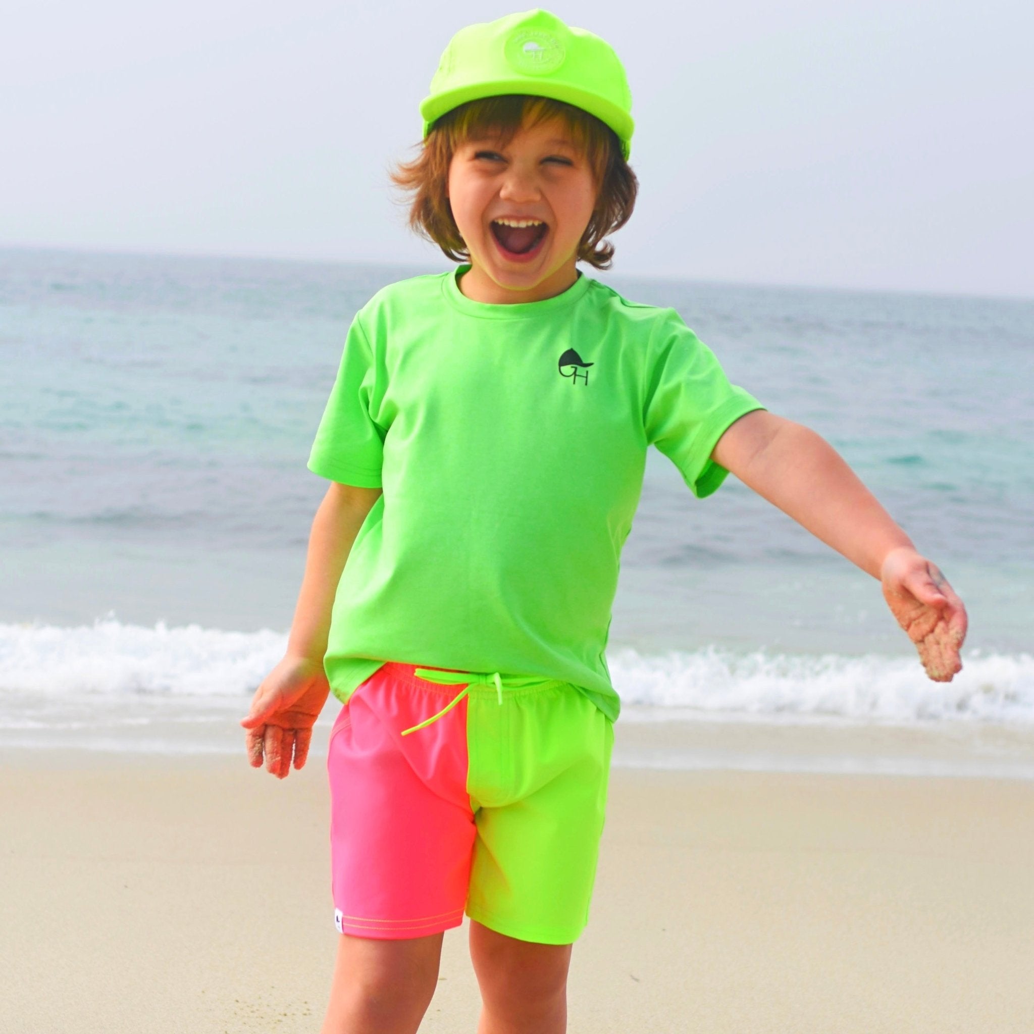 Neon Pink Green Color Block Hybrid Swim Shorts - George Hats