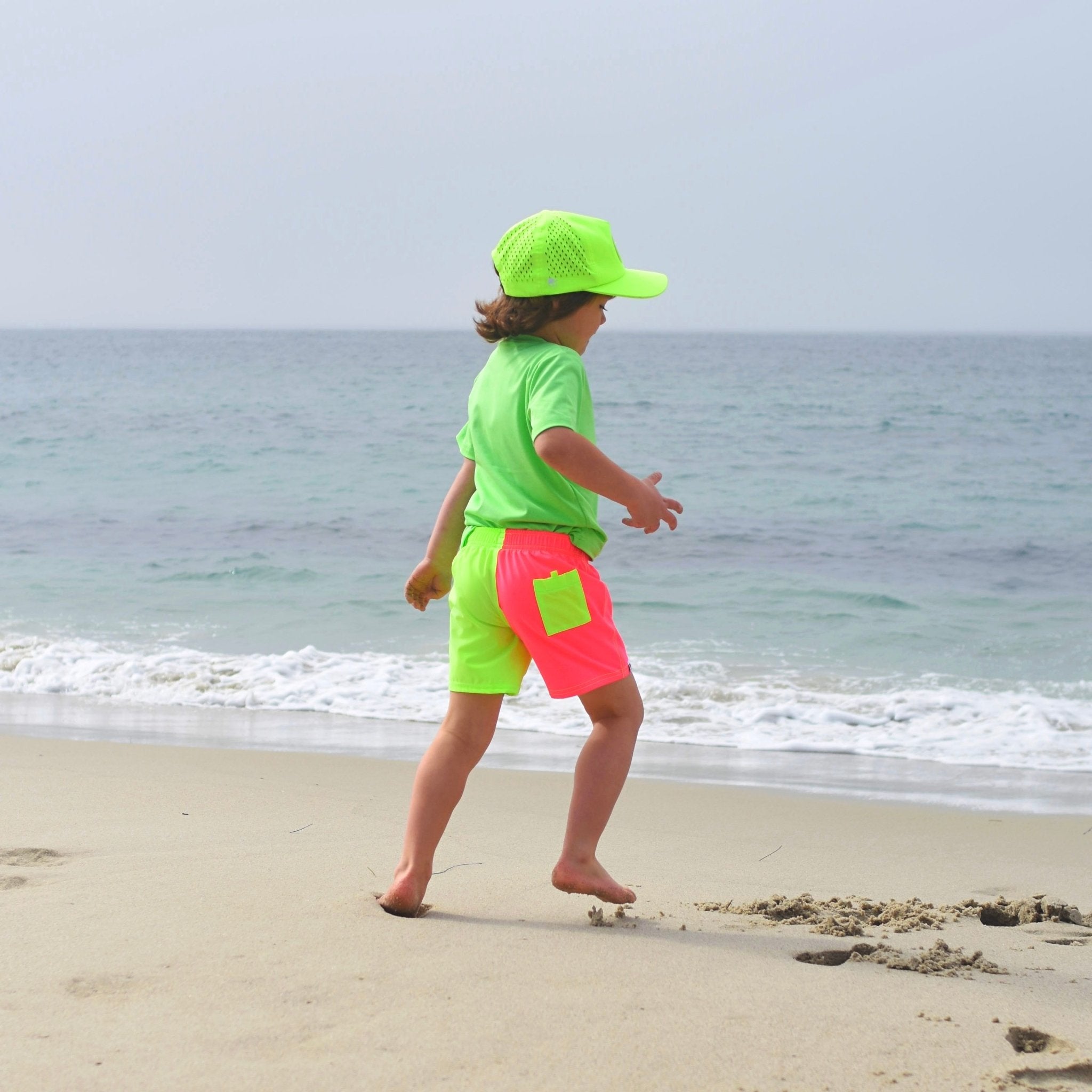 Neon Pink Green Color Block Hybrid Swim Shorts - George Hats