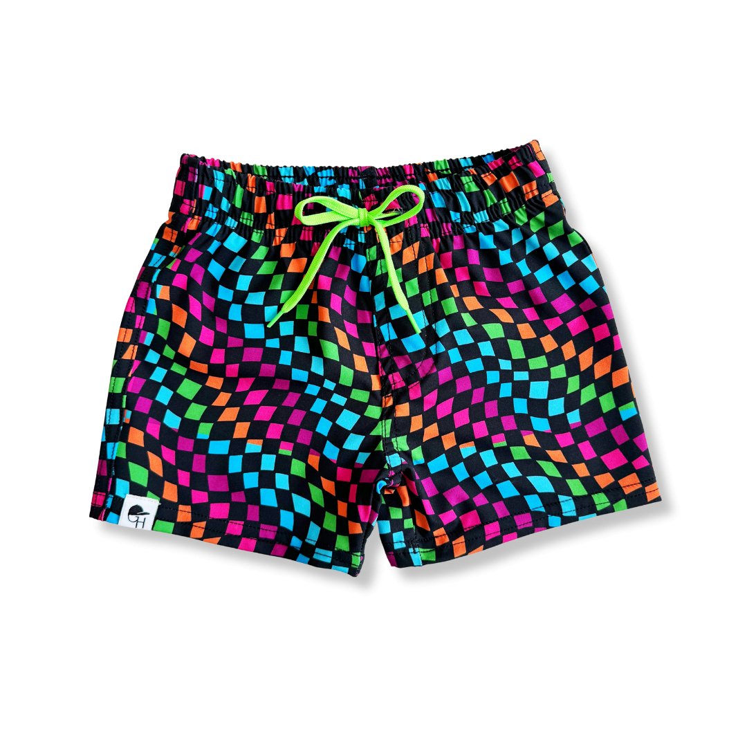 Black Neon Groovy Check Hybrid Swim Shorts - George Hats