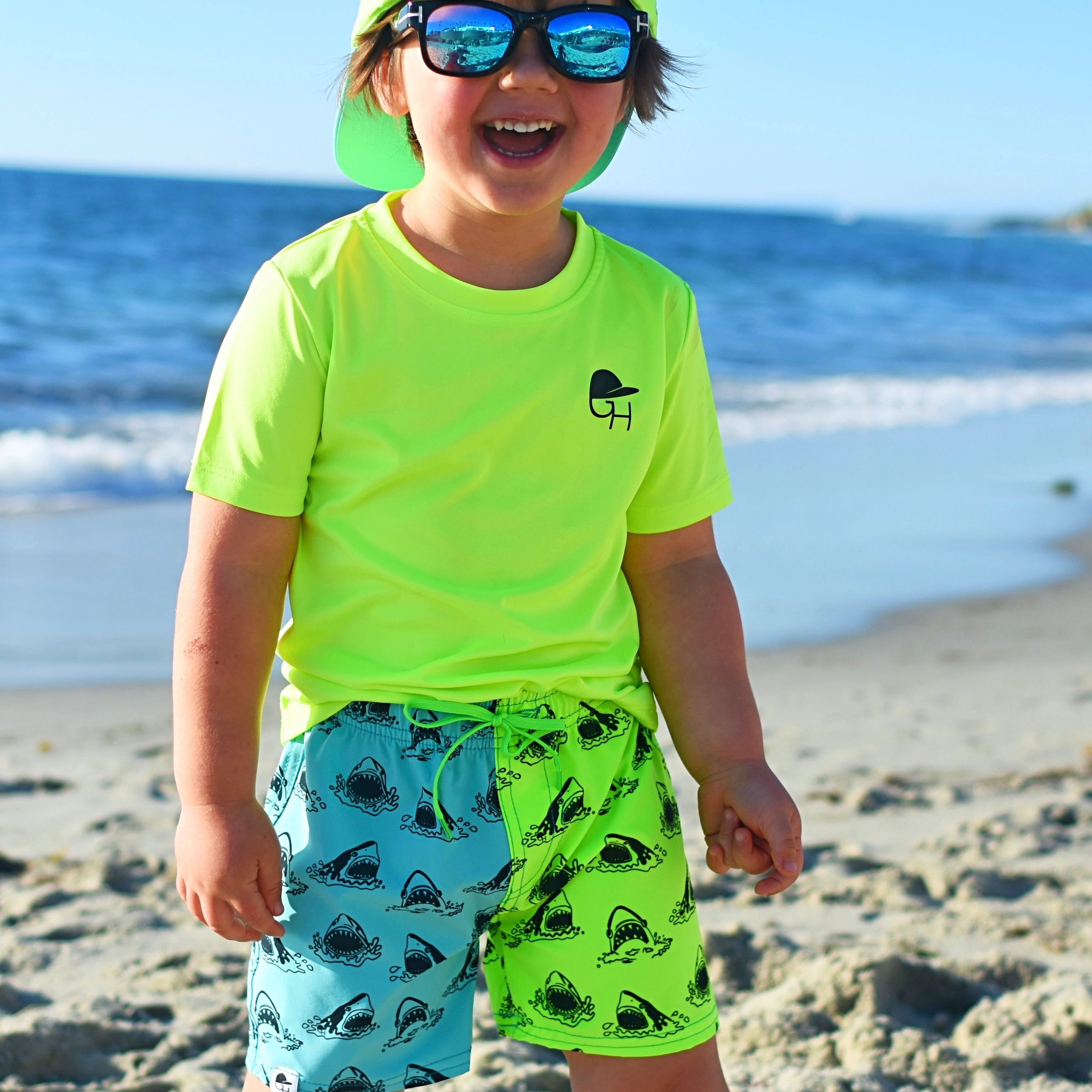 Neon Sharks Color Block Spotfast™ Hybrid Swim Shorts