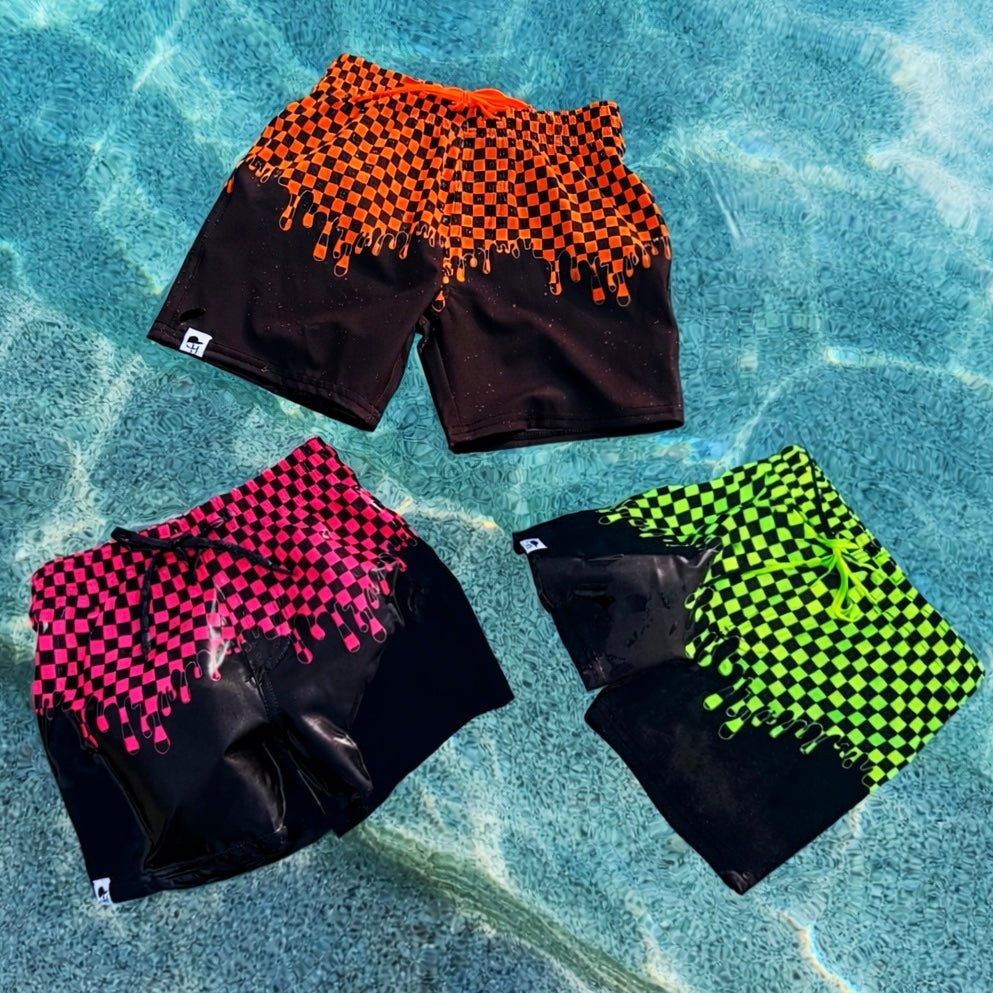 Neon Drip Check Spotfast™ Hybrid Swim Shorts | High Visibility Boys ...