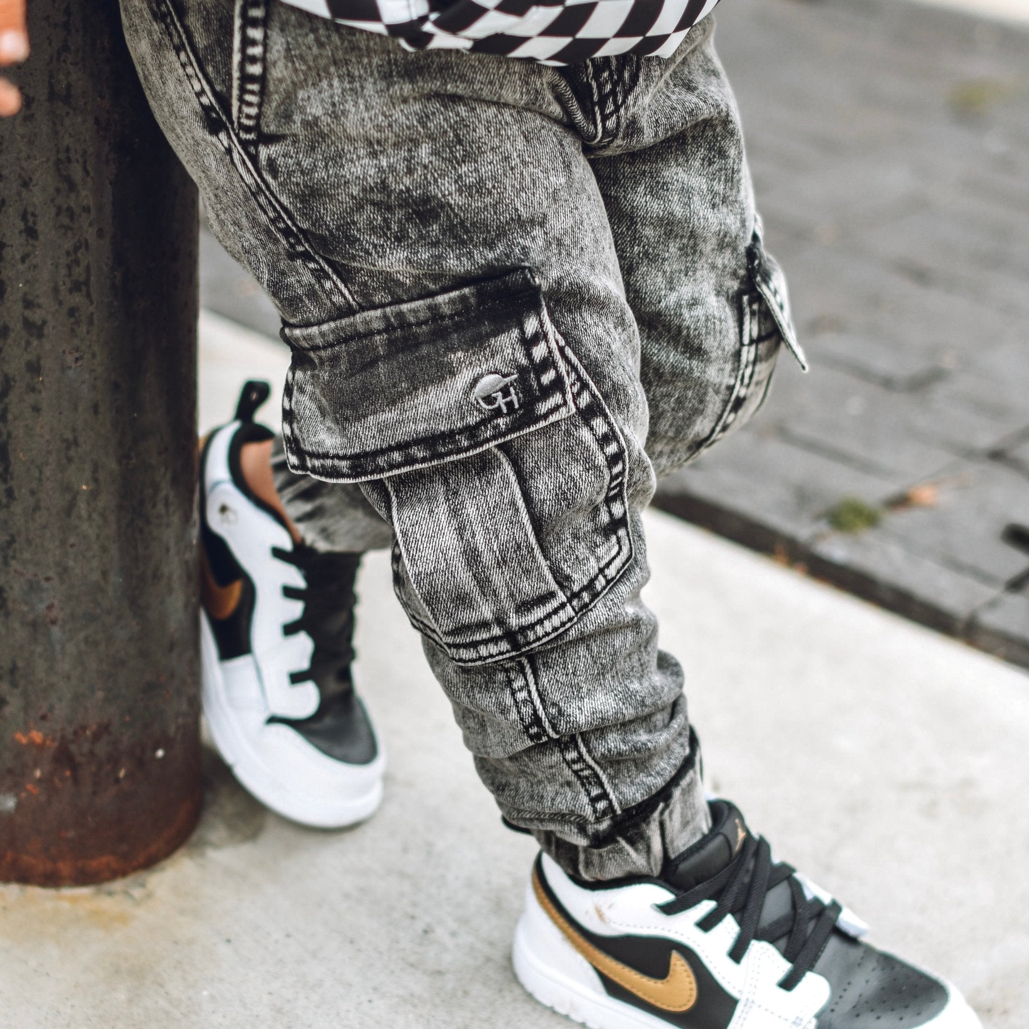 Cargo Acid Wash Black Denim Jogger Pants - George Hats