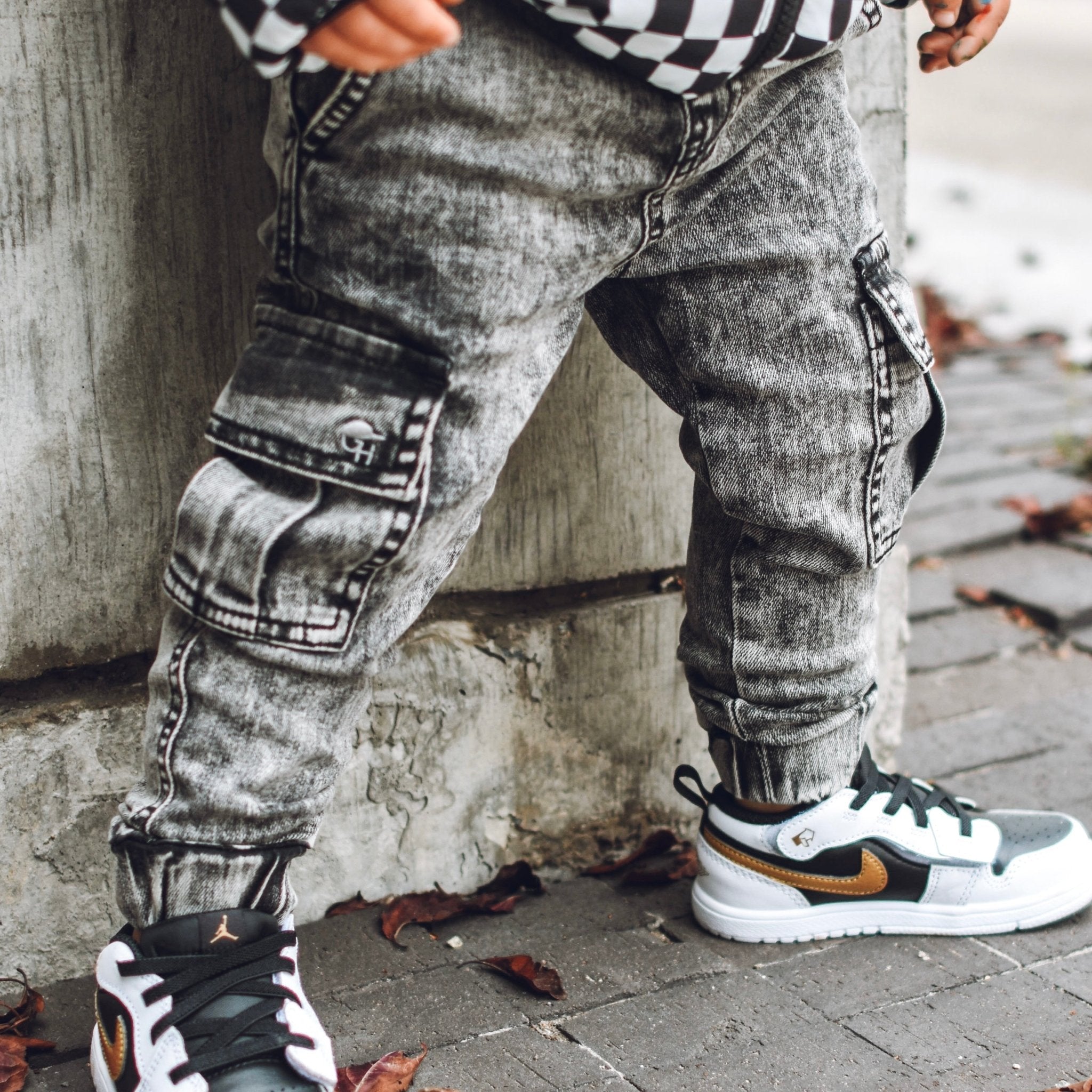 Cargo Acid Wash Black Denim Jogger Pants - George Hats