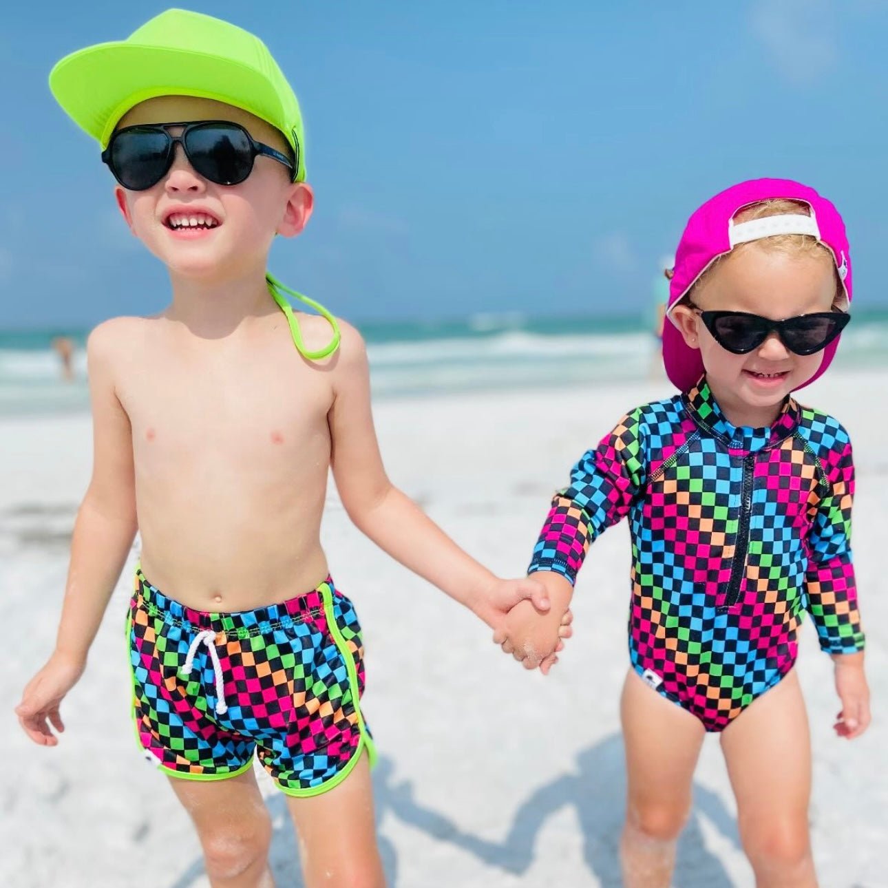 Girls Neon Rainbow Check Swim Suit - George Hats