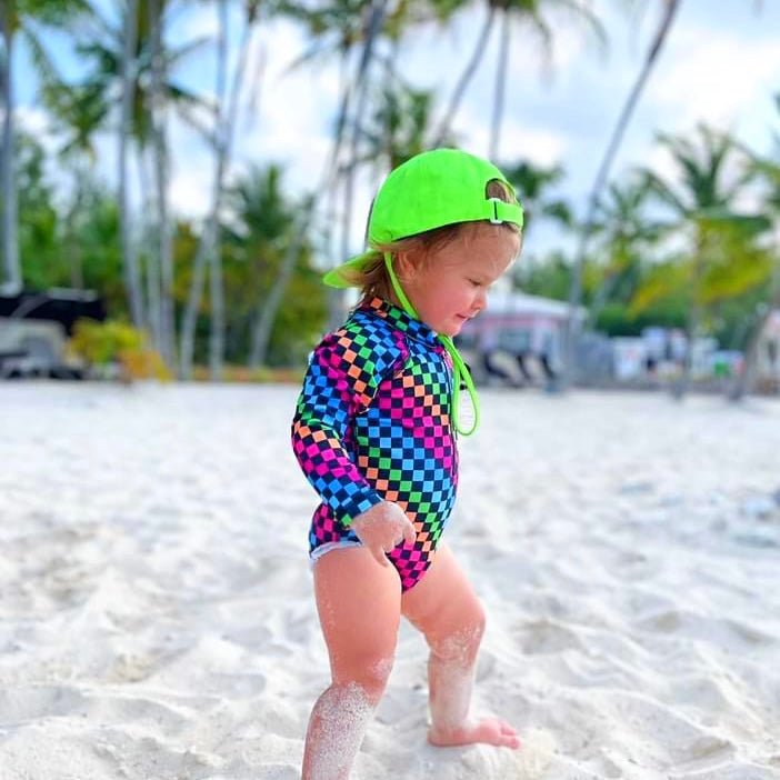 Girls Neon Rainbow Check Swim Suit - George Hats