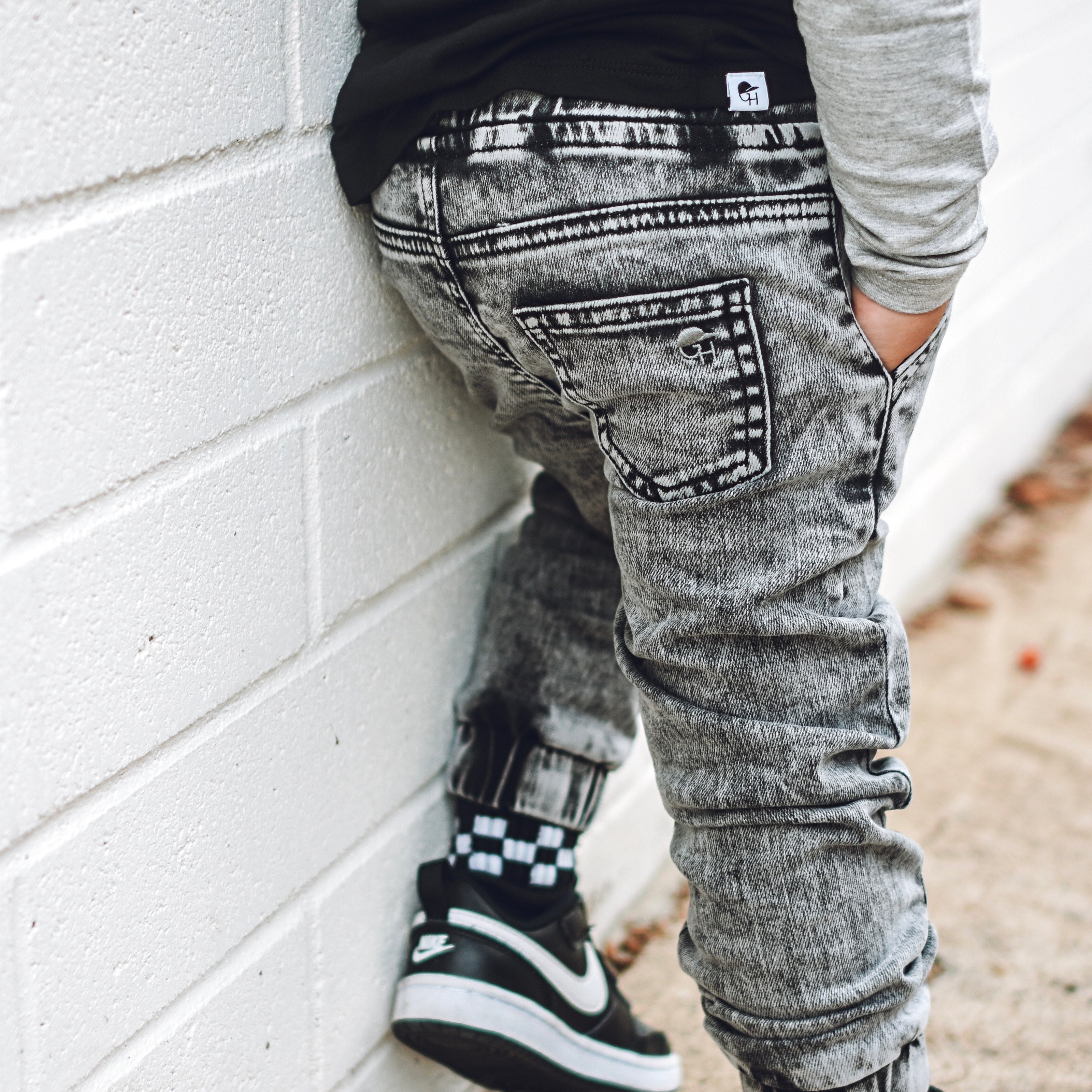 Acid Wash Black Denim Jogger Pants