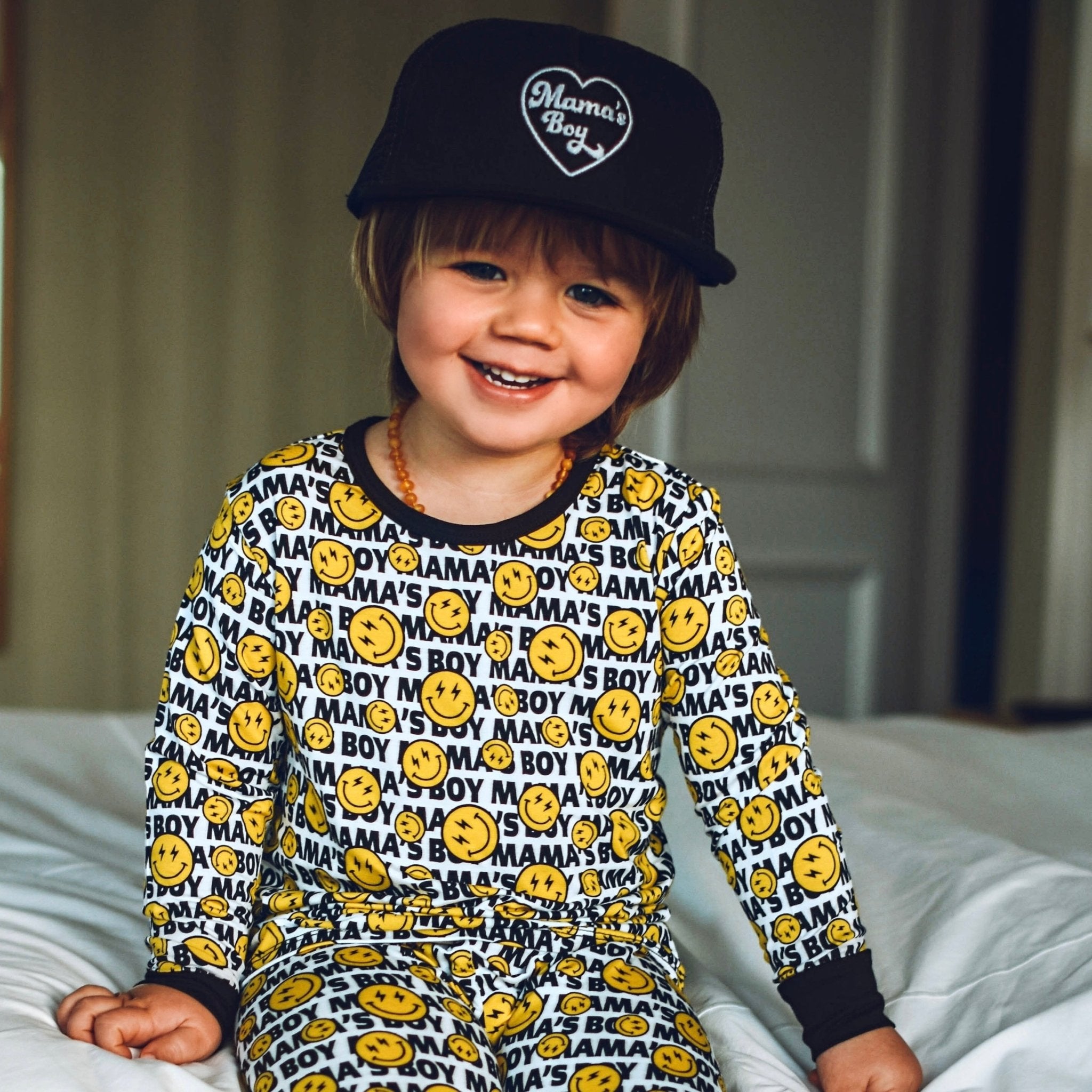 Mama Boy Smiley Bamboo Long Sleeve Pajamas - George Hats