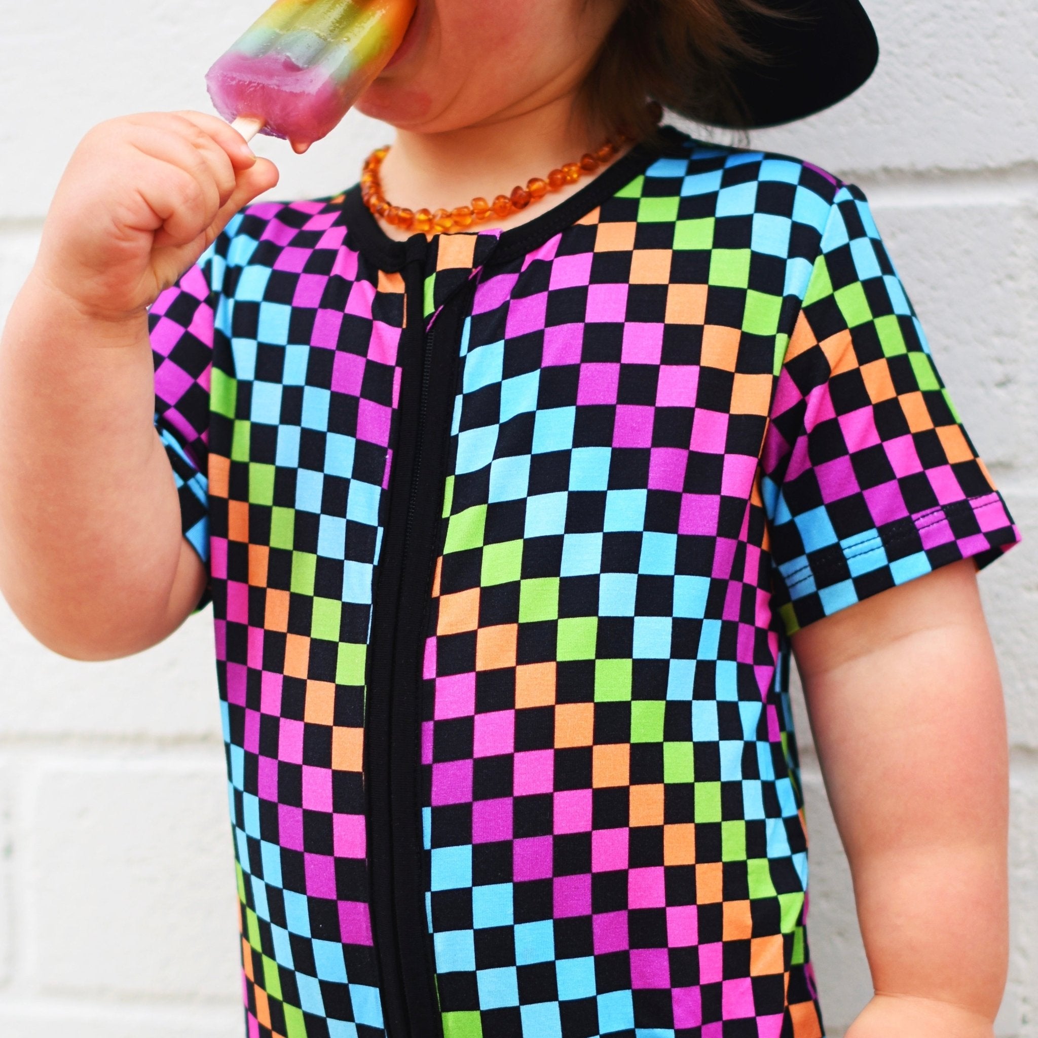 Neon Check Zip Romper Pajama - George Hats