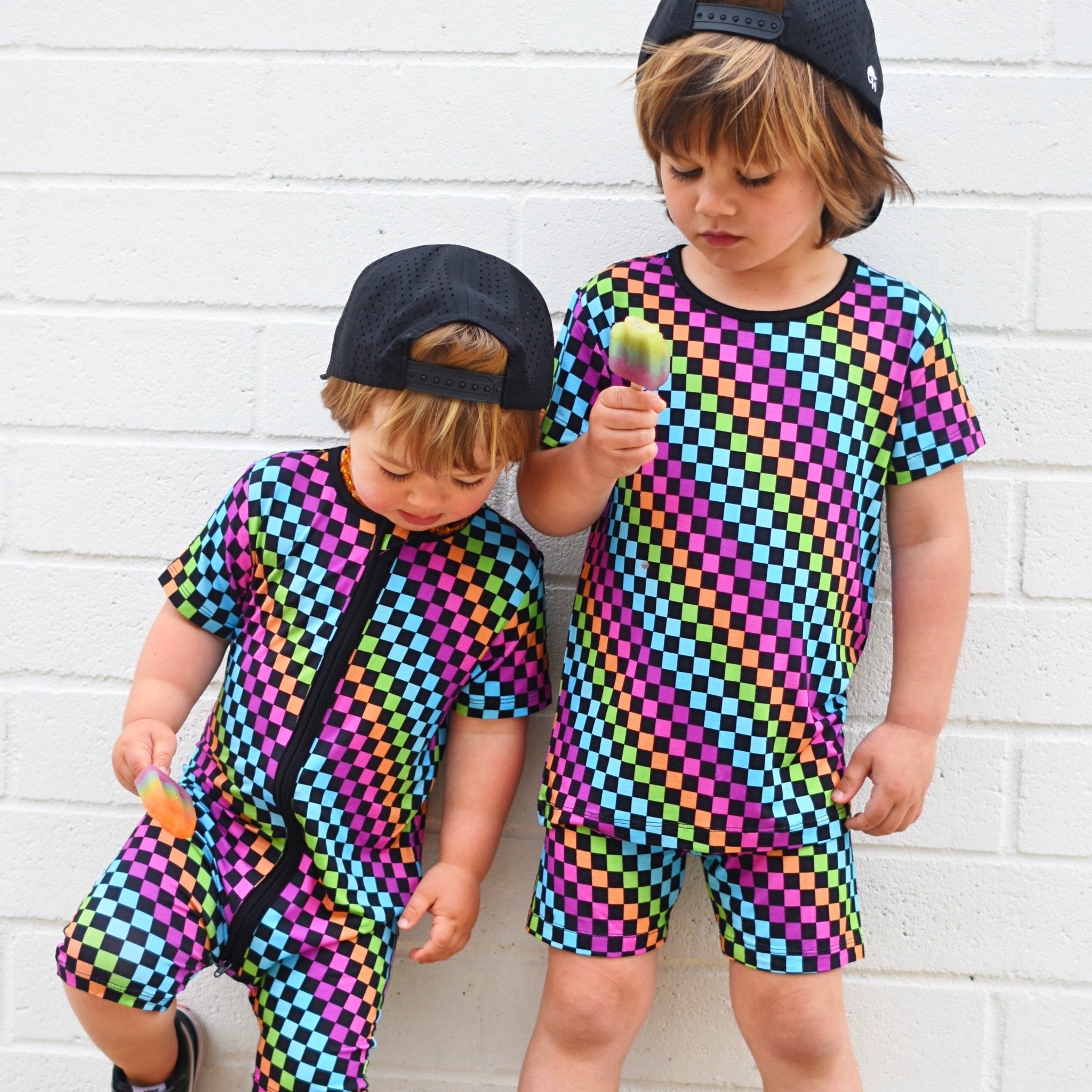 Neon Check Zip Romper Pajama - George Hats