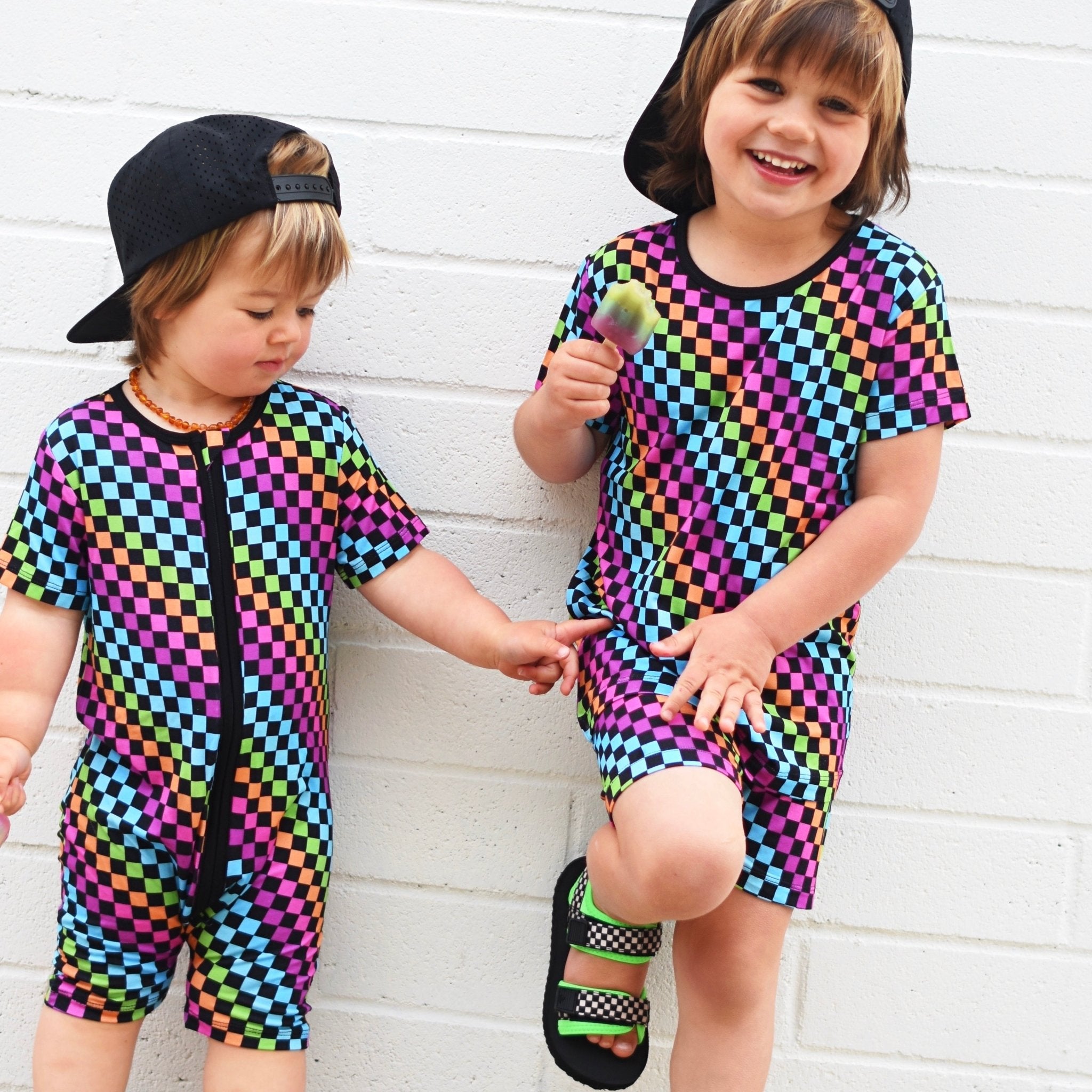 Neon Check Zip Romper Pajama - George Hats