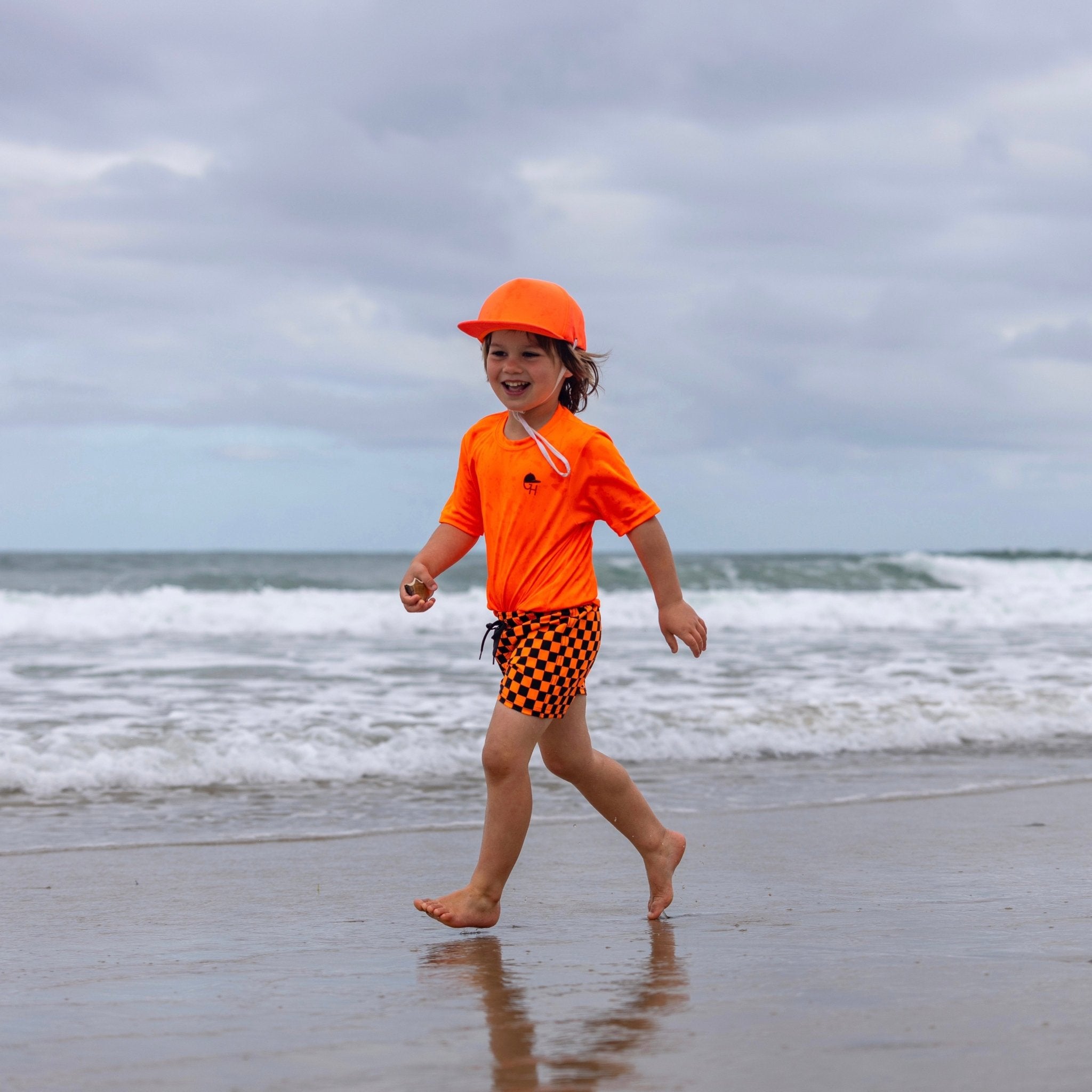 Neon Orange Check Hybrid Swim Shorts - George Hats