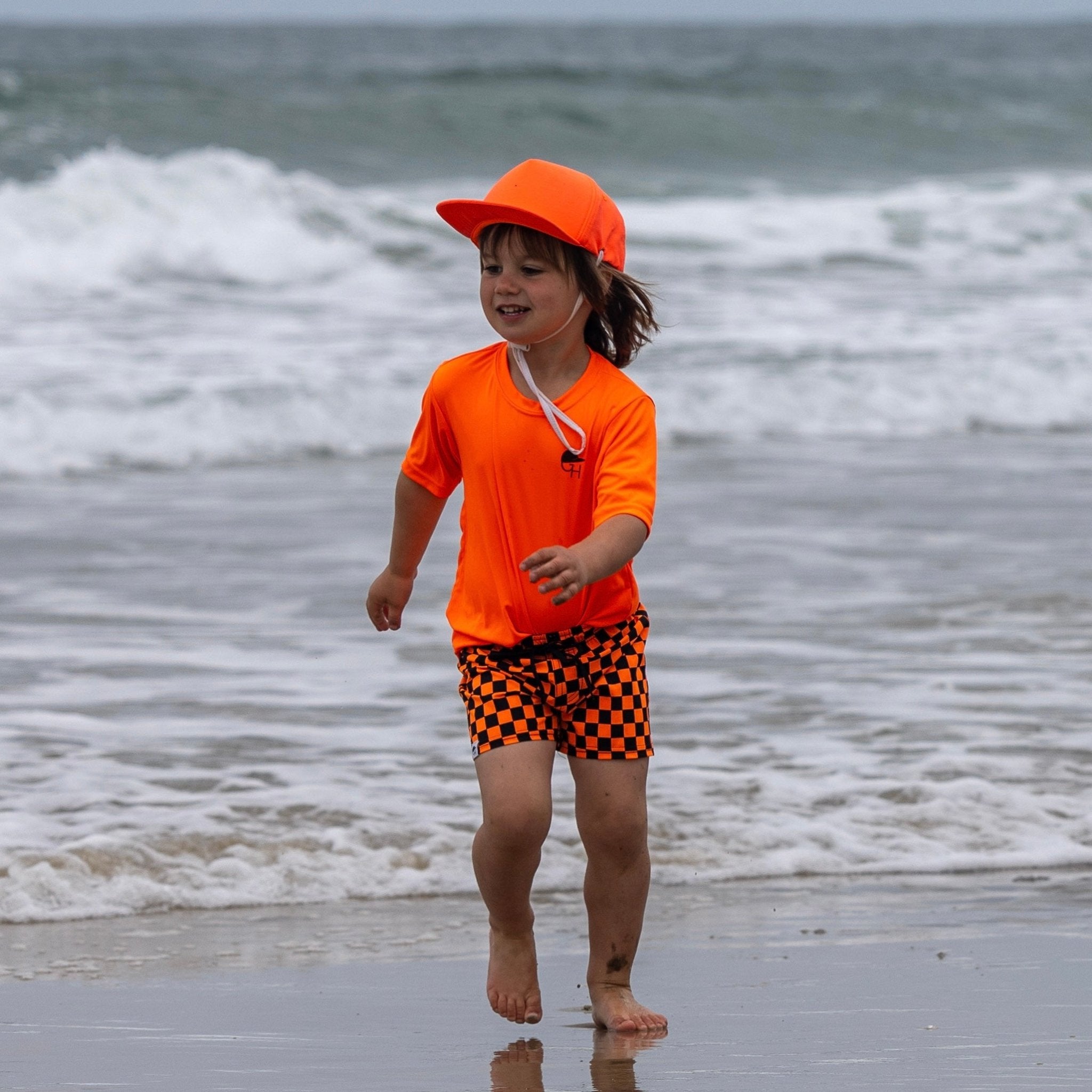 Neon Orange Check Hybrid Swim Shorts - George Hats