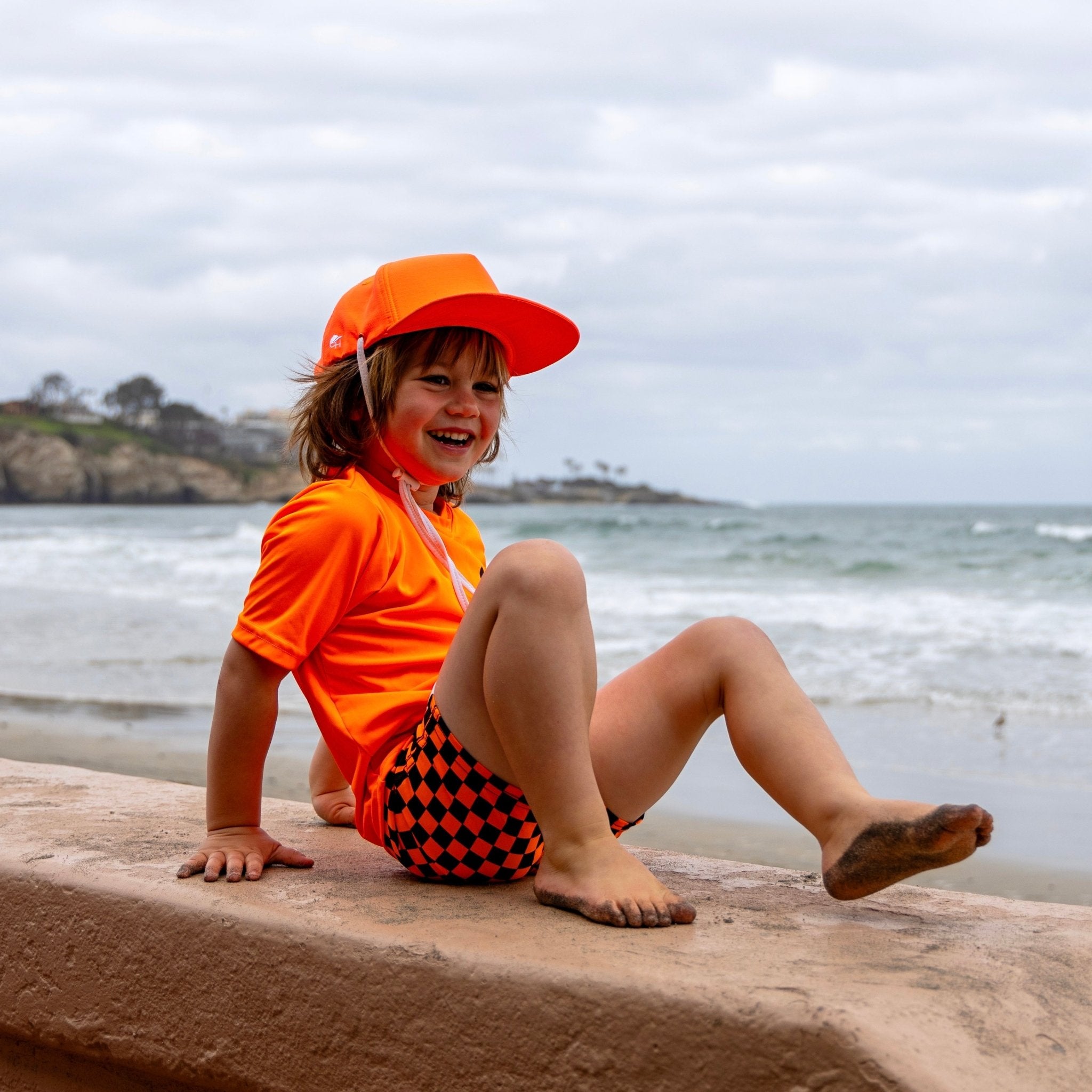 Neon Orange Check Hybrid Swim Shorts - George Hats