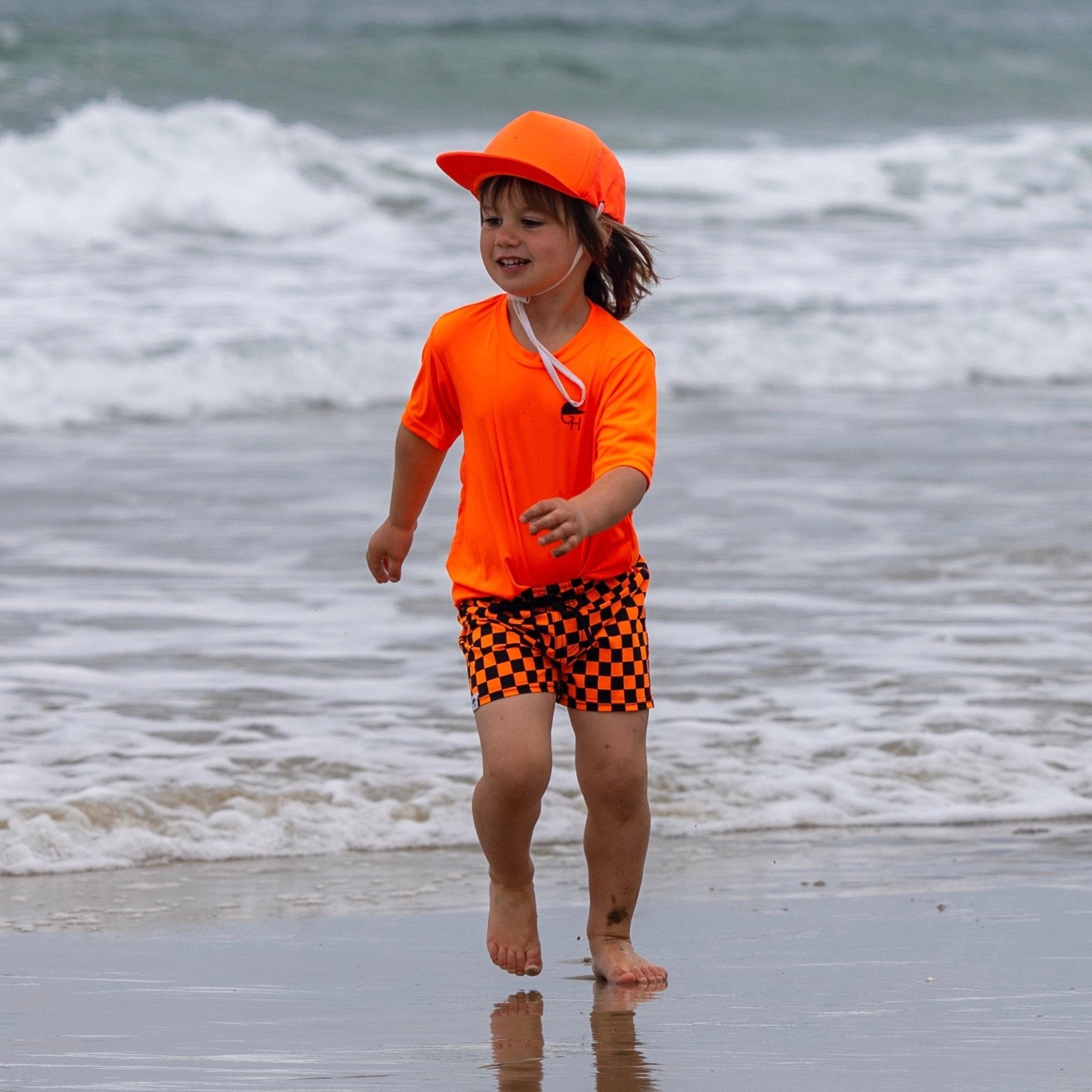 Neon Orange Check Hybrid Swim Shorts - George Hats