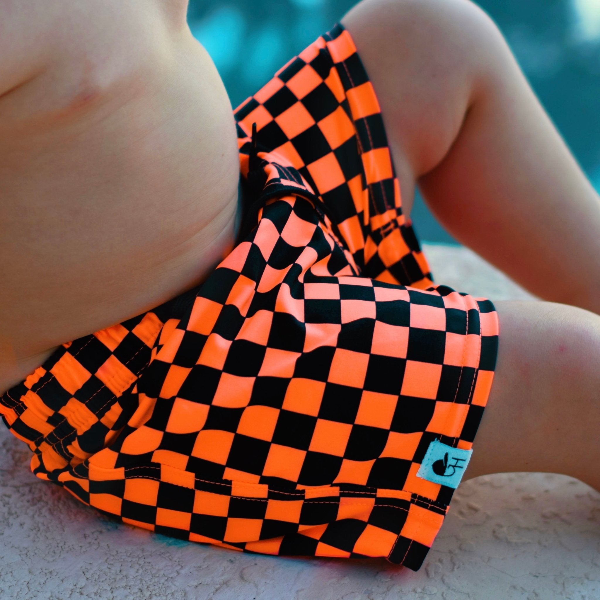 Neon Orange Check Hybrid Swim Shorts - George Hats