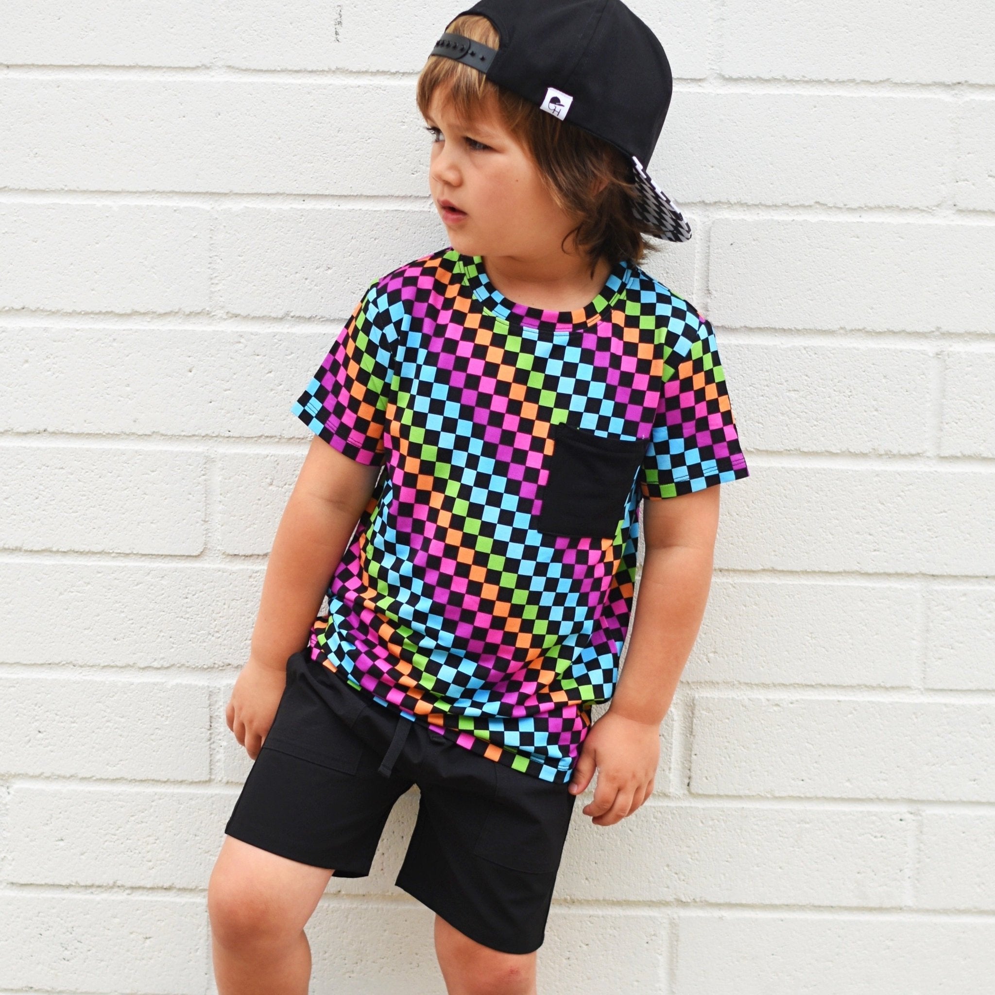 Neon Rainbow Check Bamboo Pocket Tee - George Hats