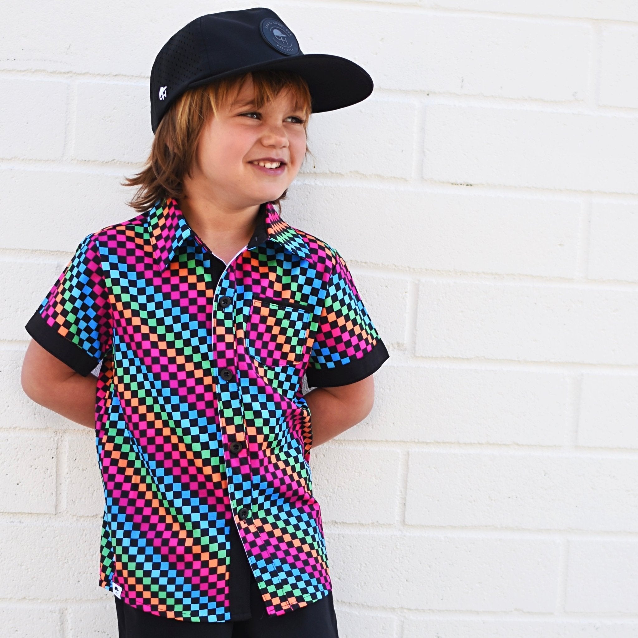 Neon Rainbow Check Collared Tee - George Hats