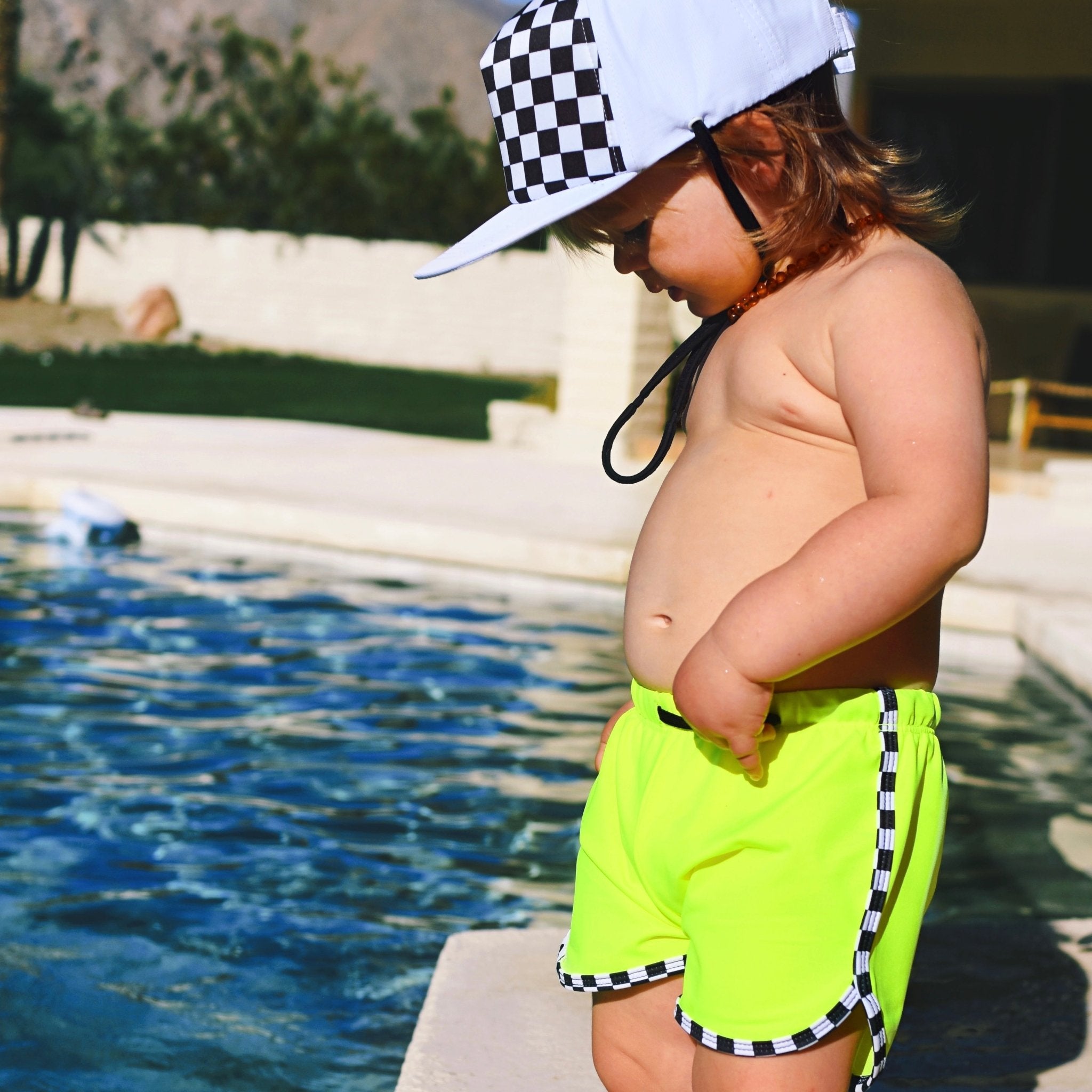 Neon Yellow Check Track Swim Shorts - George Hats