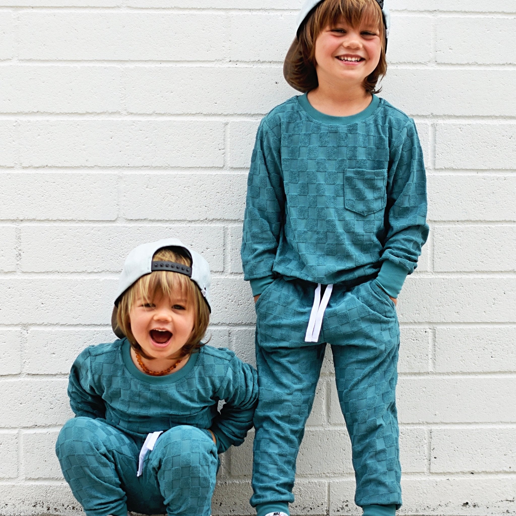 Teal Check Terry Joggers - George Hats