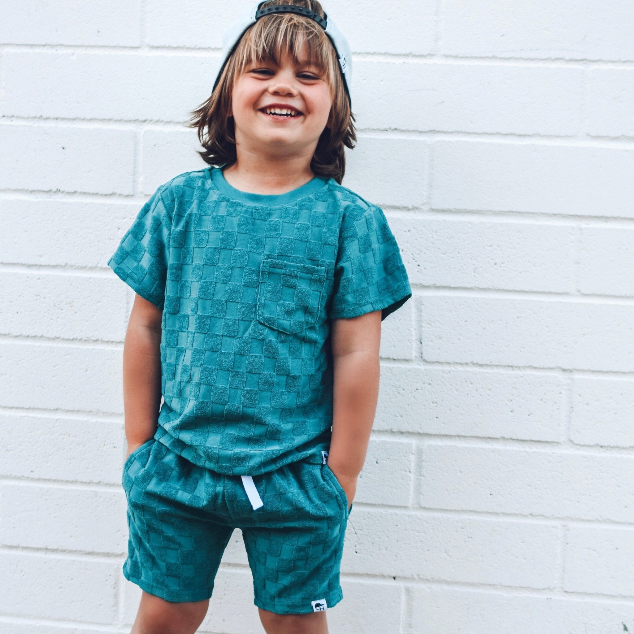 Teal Check Terry Shorts - George Hats