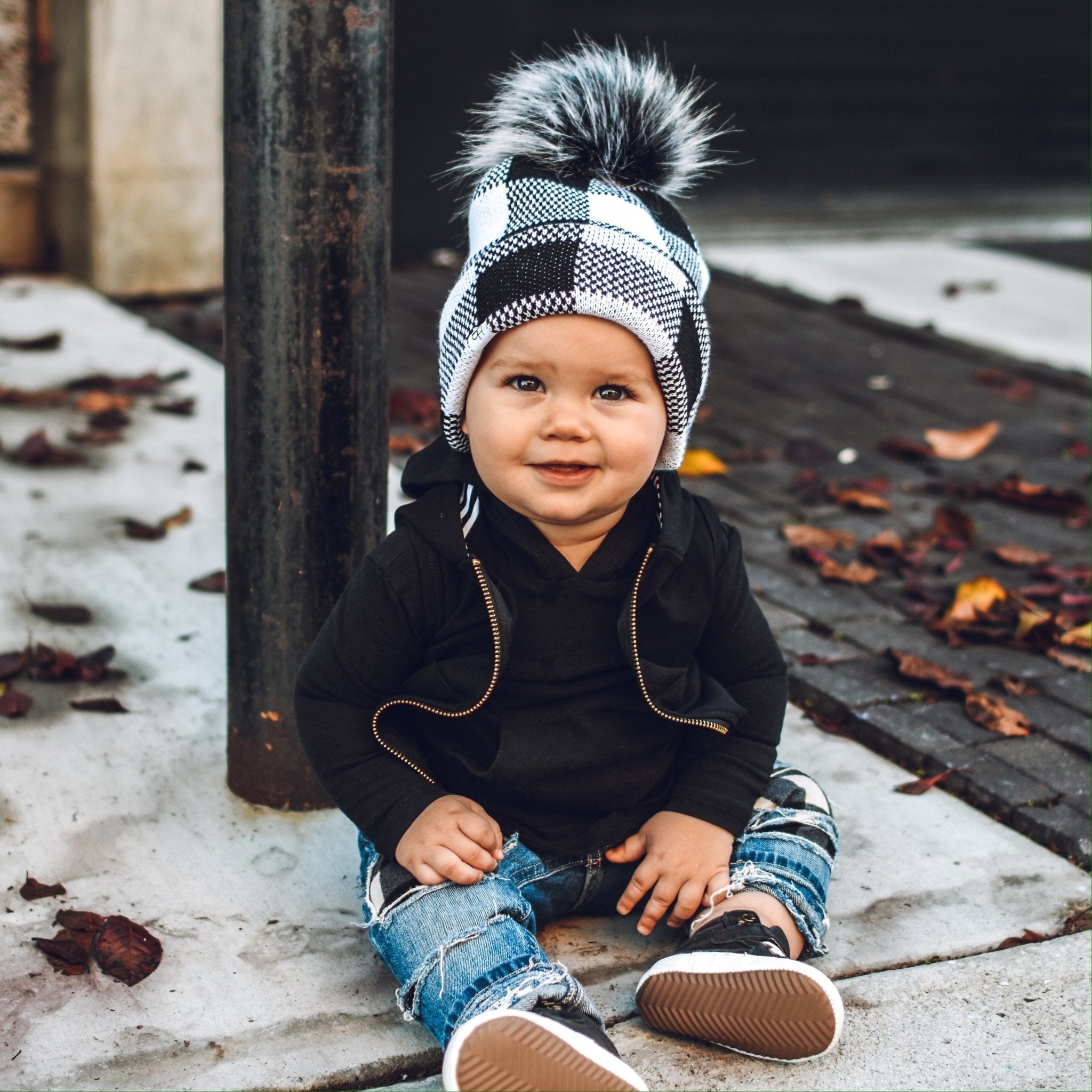 Black White Plaid Beanie by George Hats