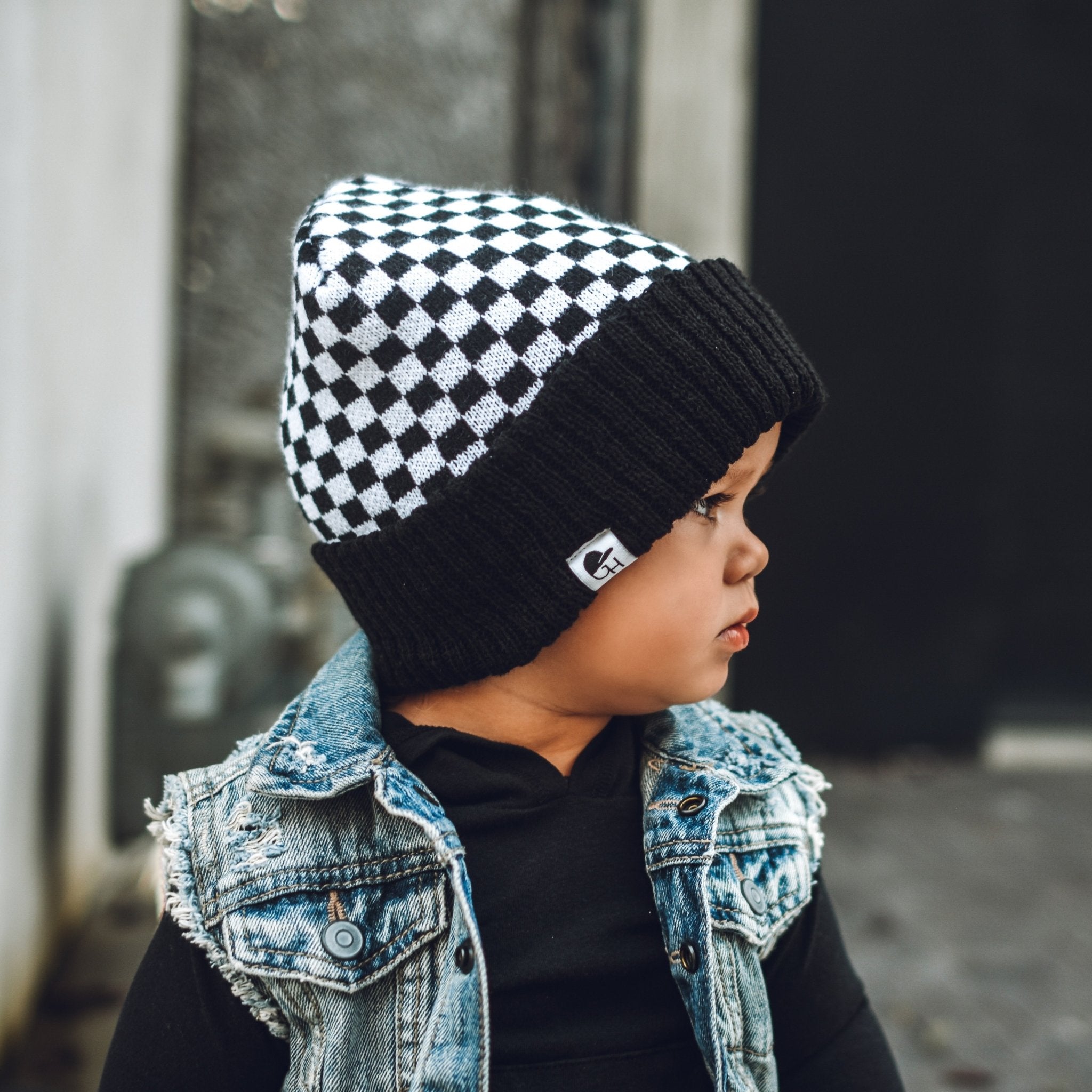 image of a baby wearing a jean jacket and the check Beanie - George Hats boys winter hats