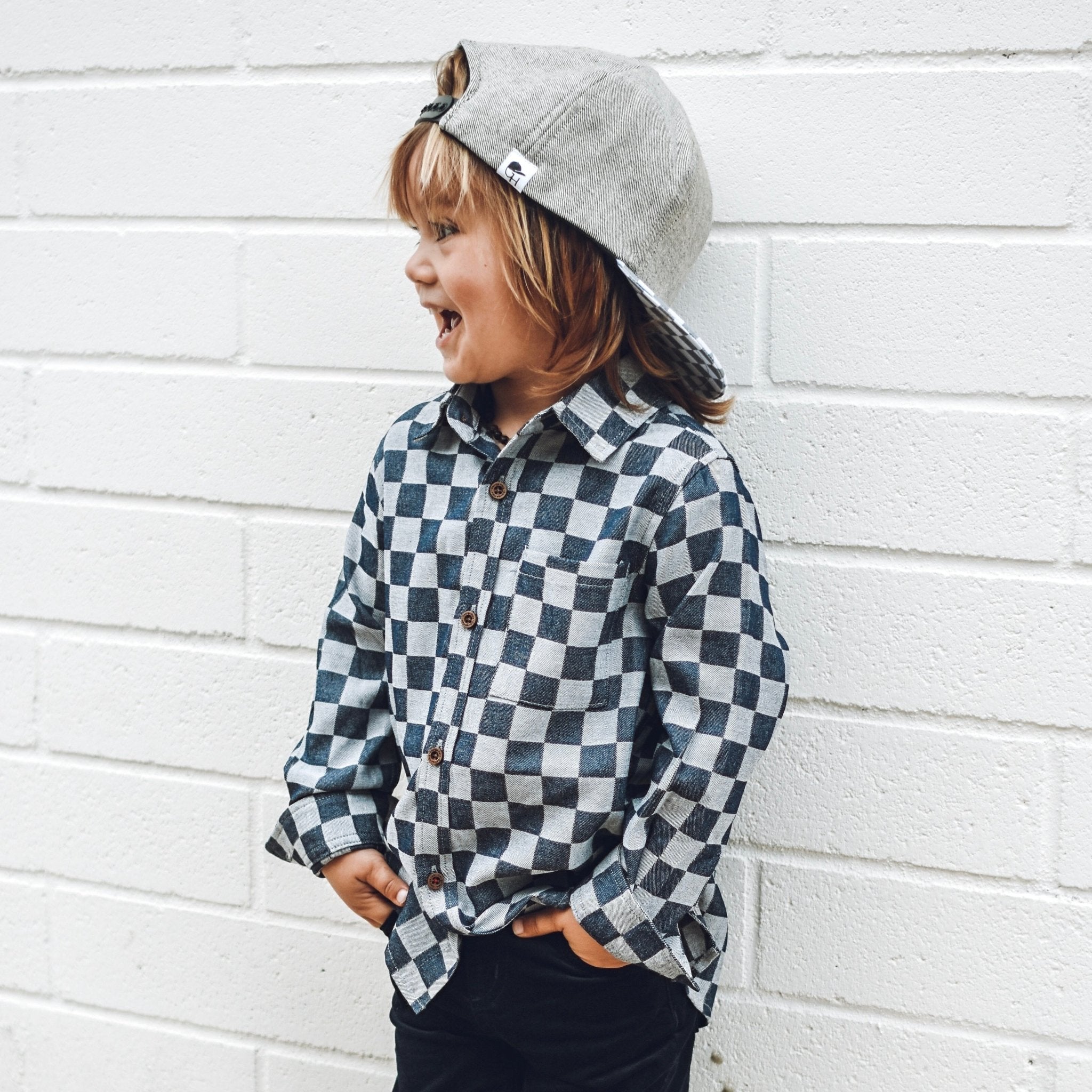 Dark Navy Check Long Sleeve Chambray Collared Shirt - George Hats