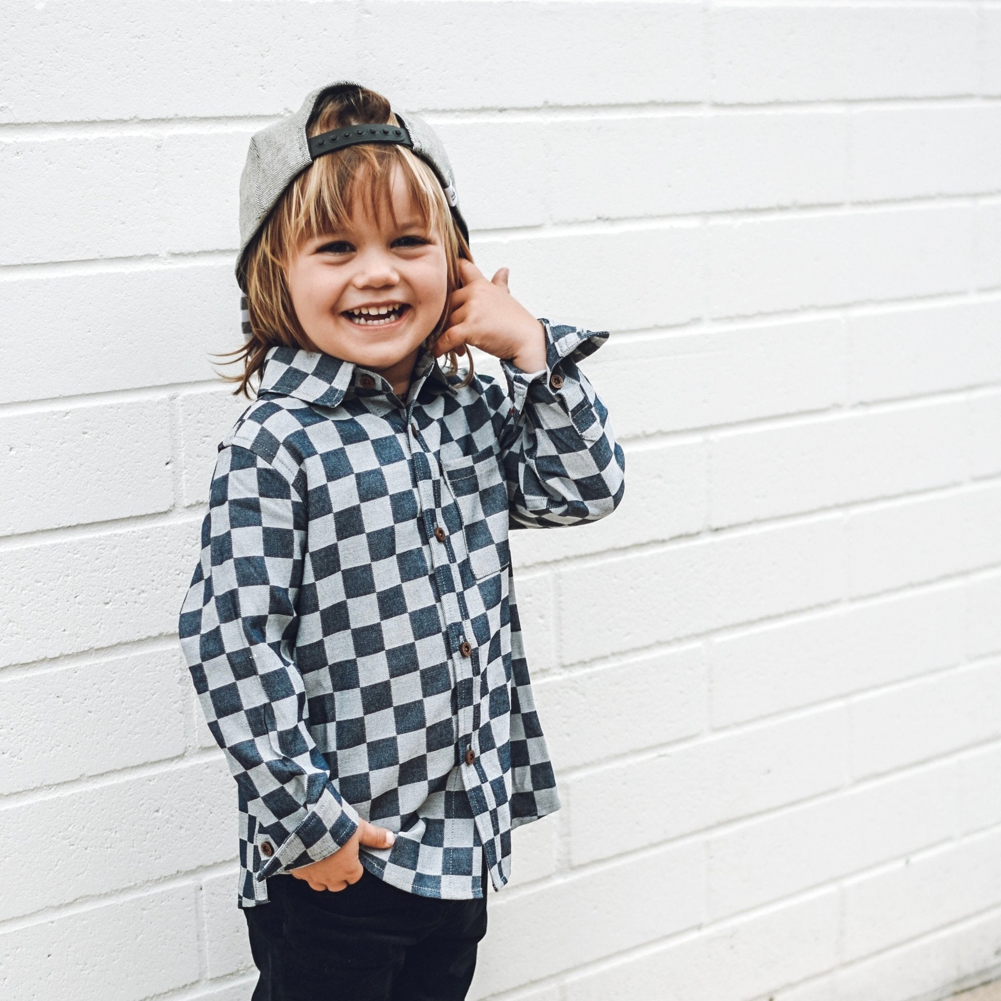 Dark Navy Check Long Sleeve Chambray Collared Shirt - George Hats