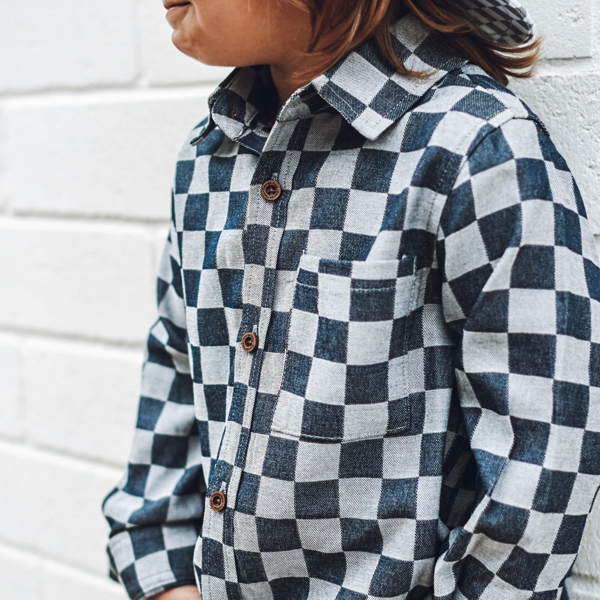 Dark Navy Check Long Sleeve Chambray Collared Shirt - George Hats