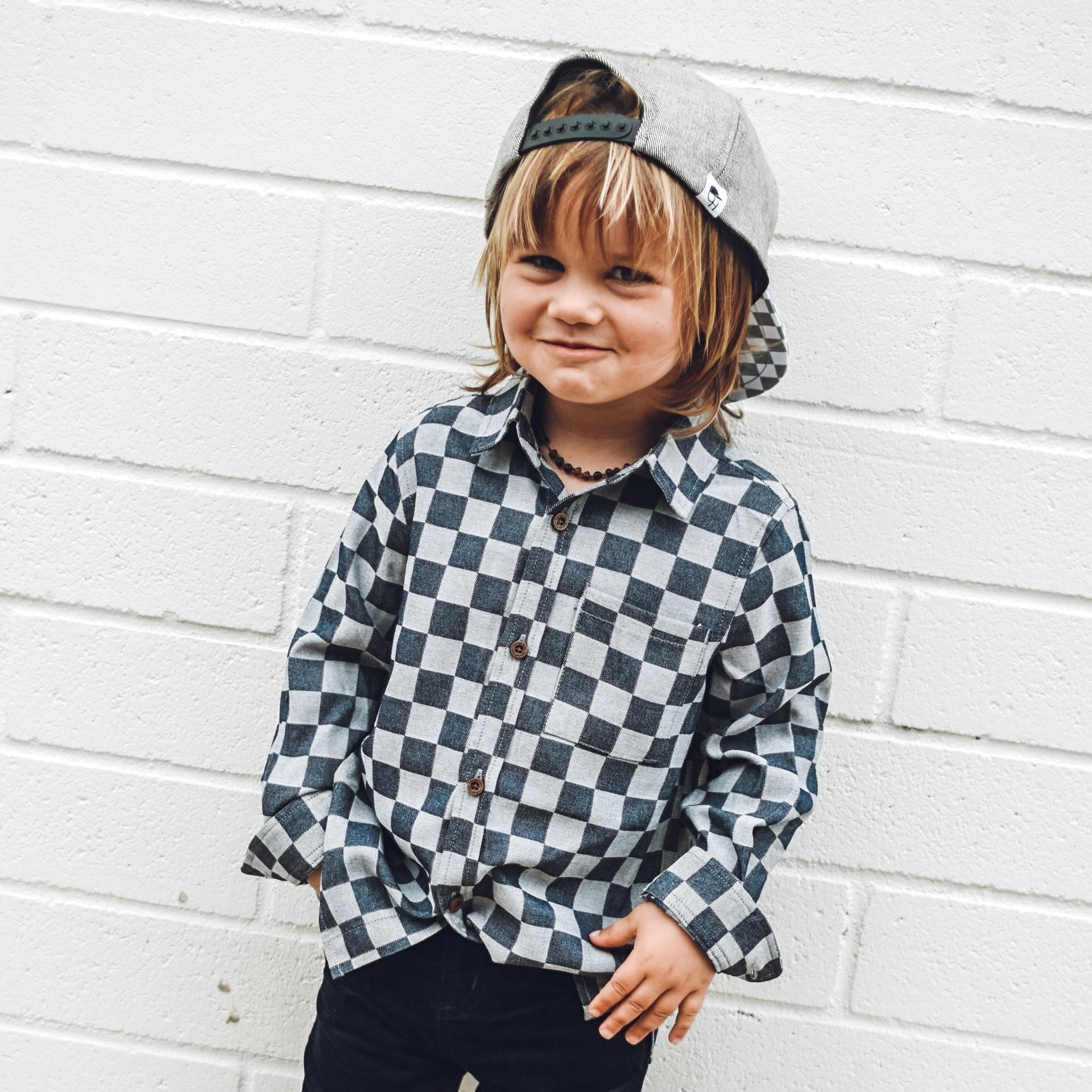 Dark Navy Check Long Sleeve Chambray Collared Shirt - George Hats