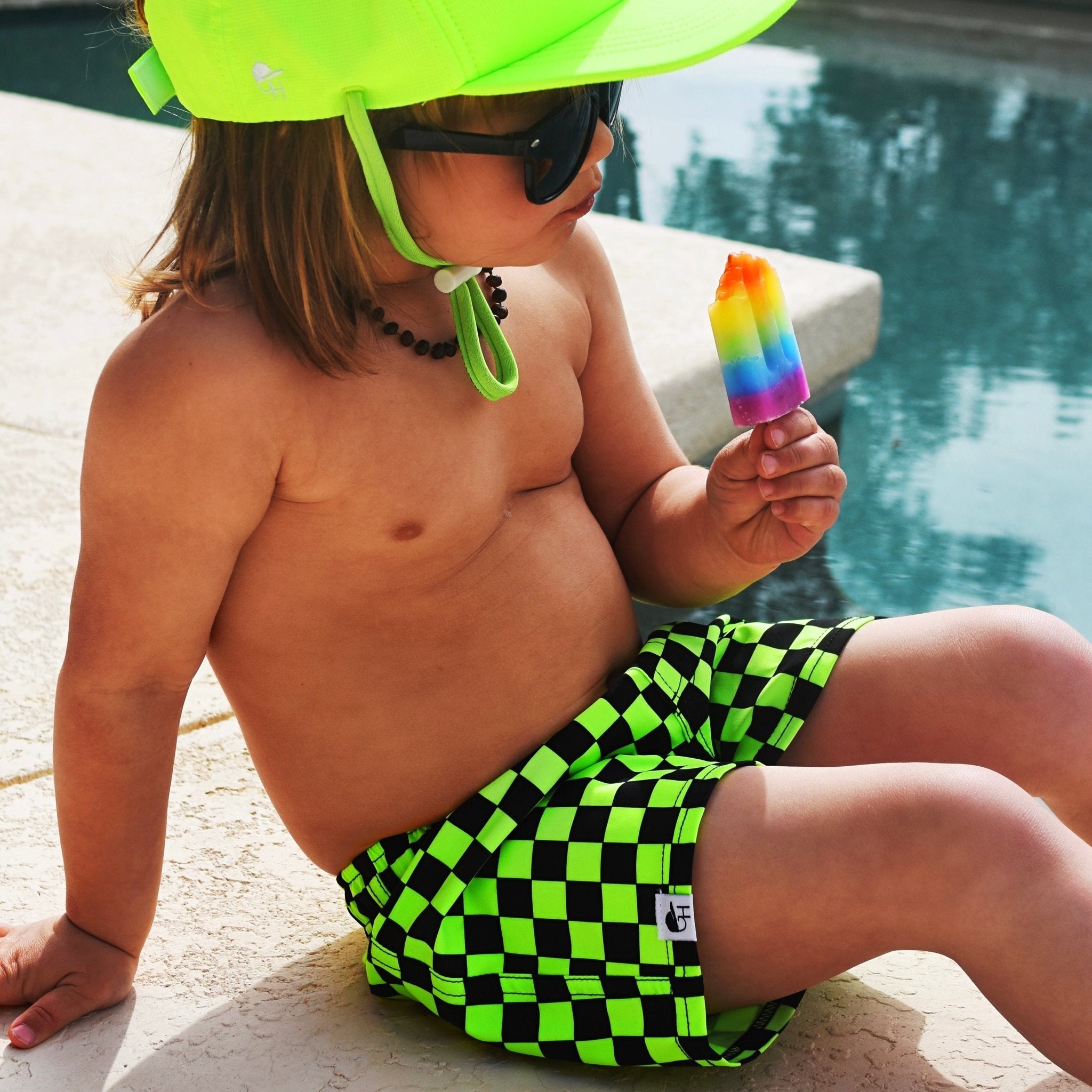 Neon Green Check Hybrid Swim Shorts - George Hats