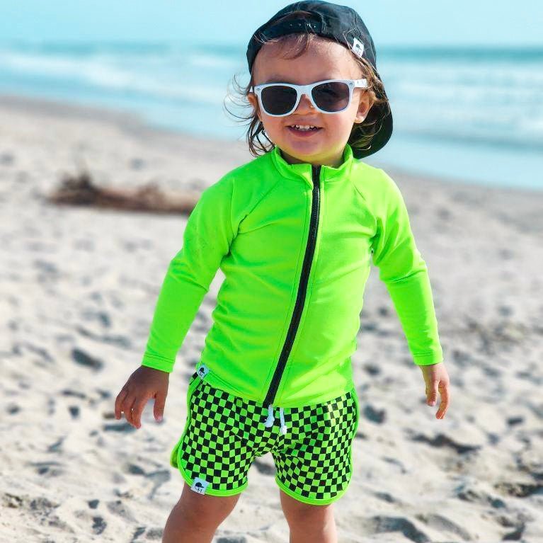 Neon Green Check Track Swim Shorts - George Hats