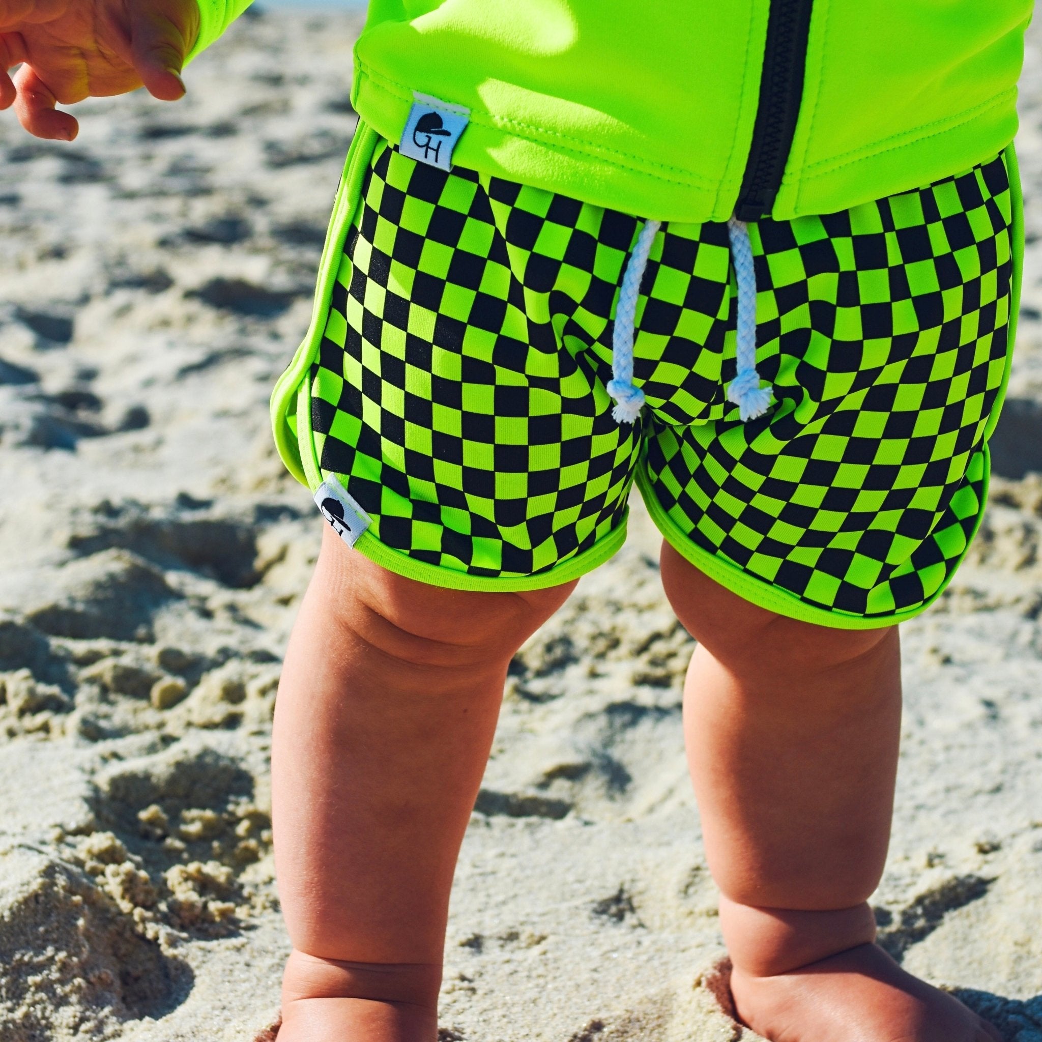 Neon Green Check Track Swim Shorts - George Hats