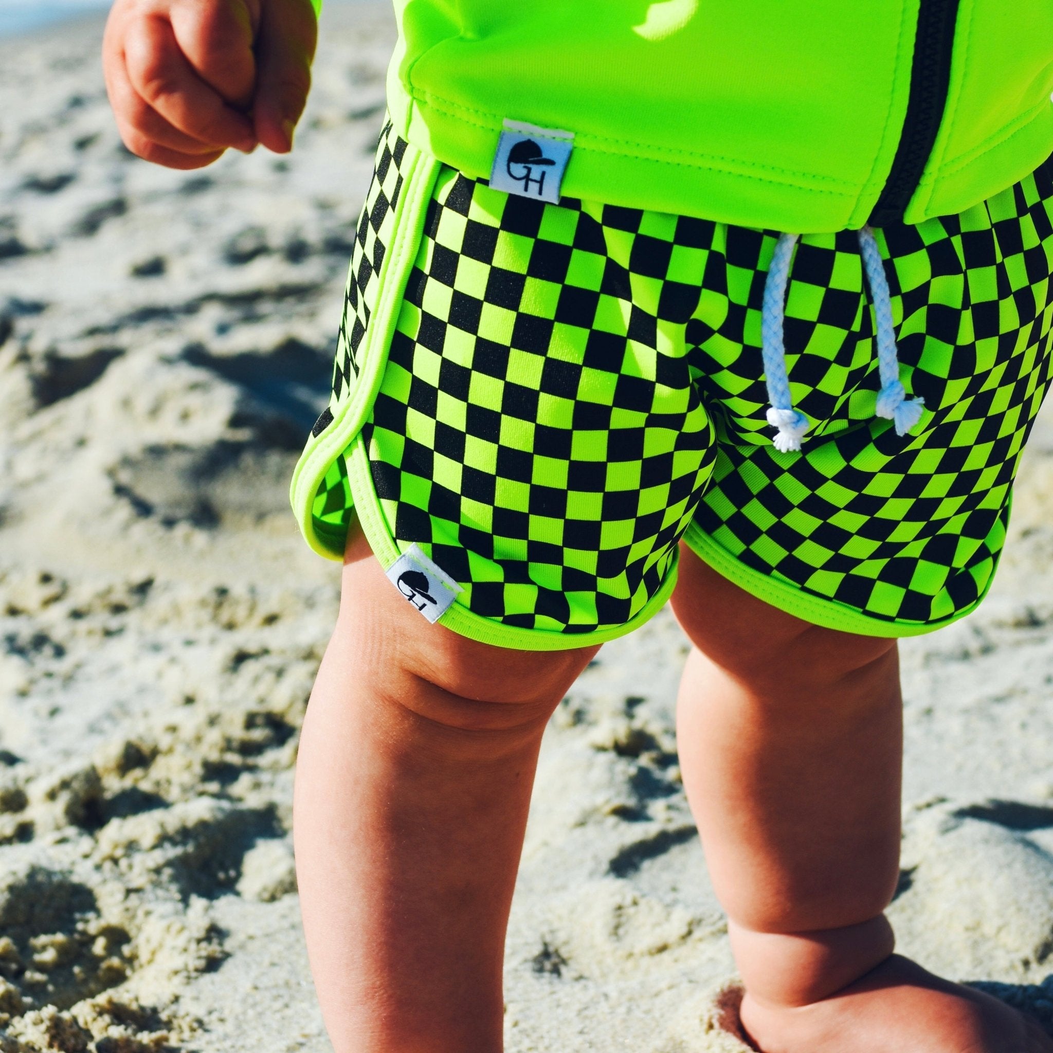 Neon Green Check Track Swim Shorts - George Hats