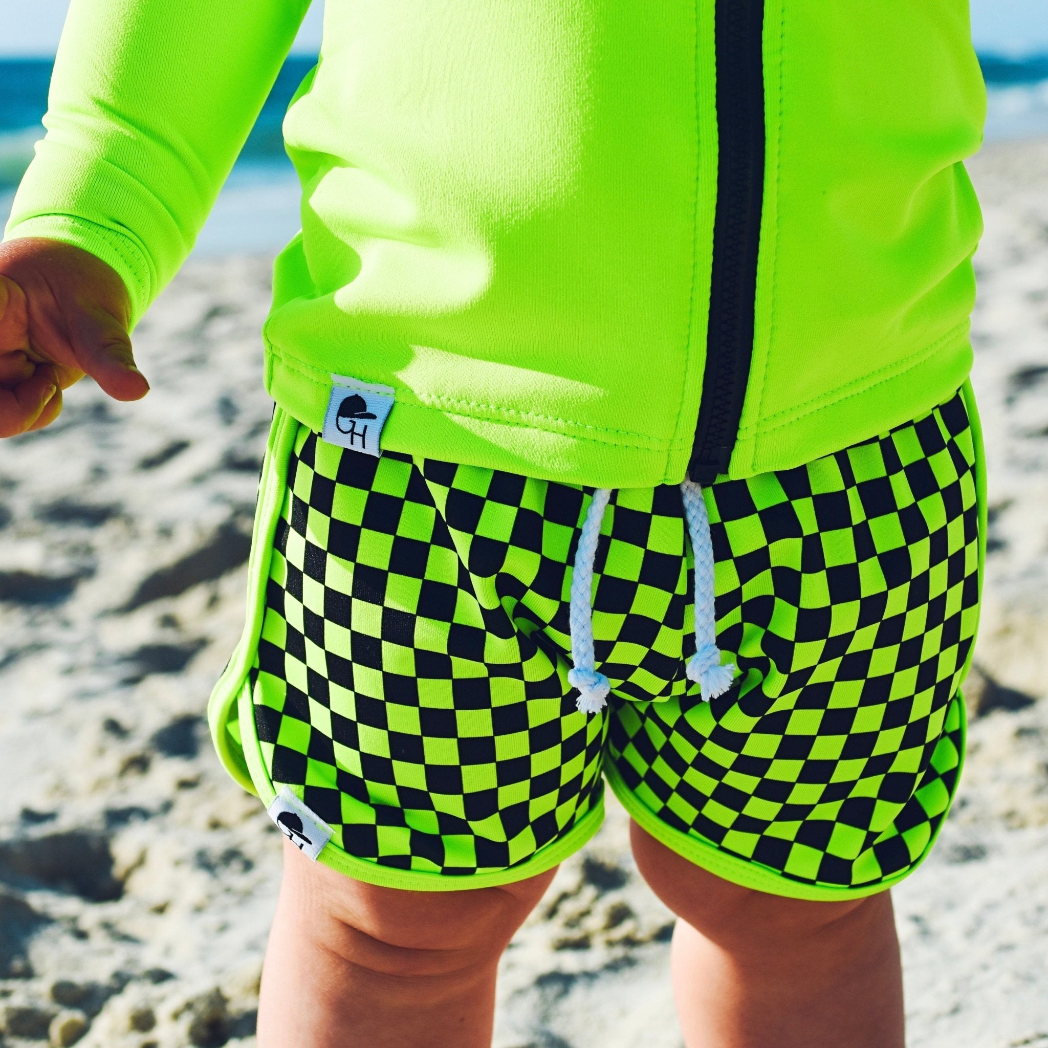 Neon Green Check Track Swim Shorts - George Hats