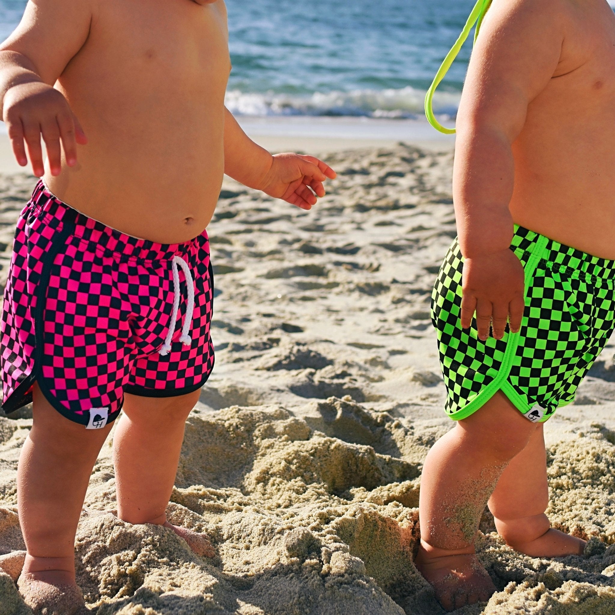 Neon Green Check Track Swim Shorts - George Hats