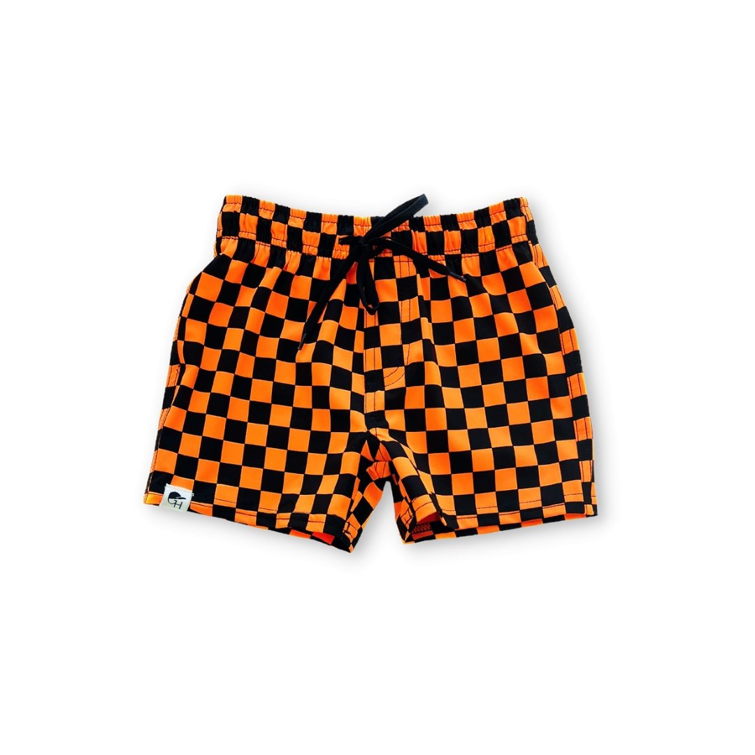 Neon Orange Check Hybrid Swim Shorts - George Hats