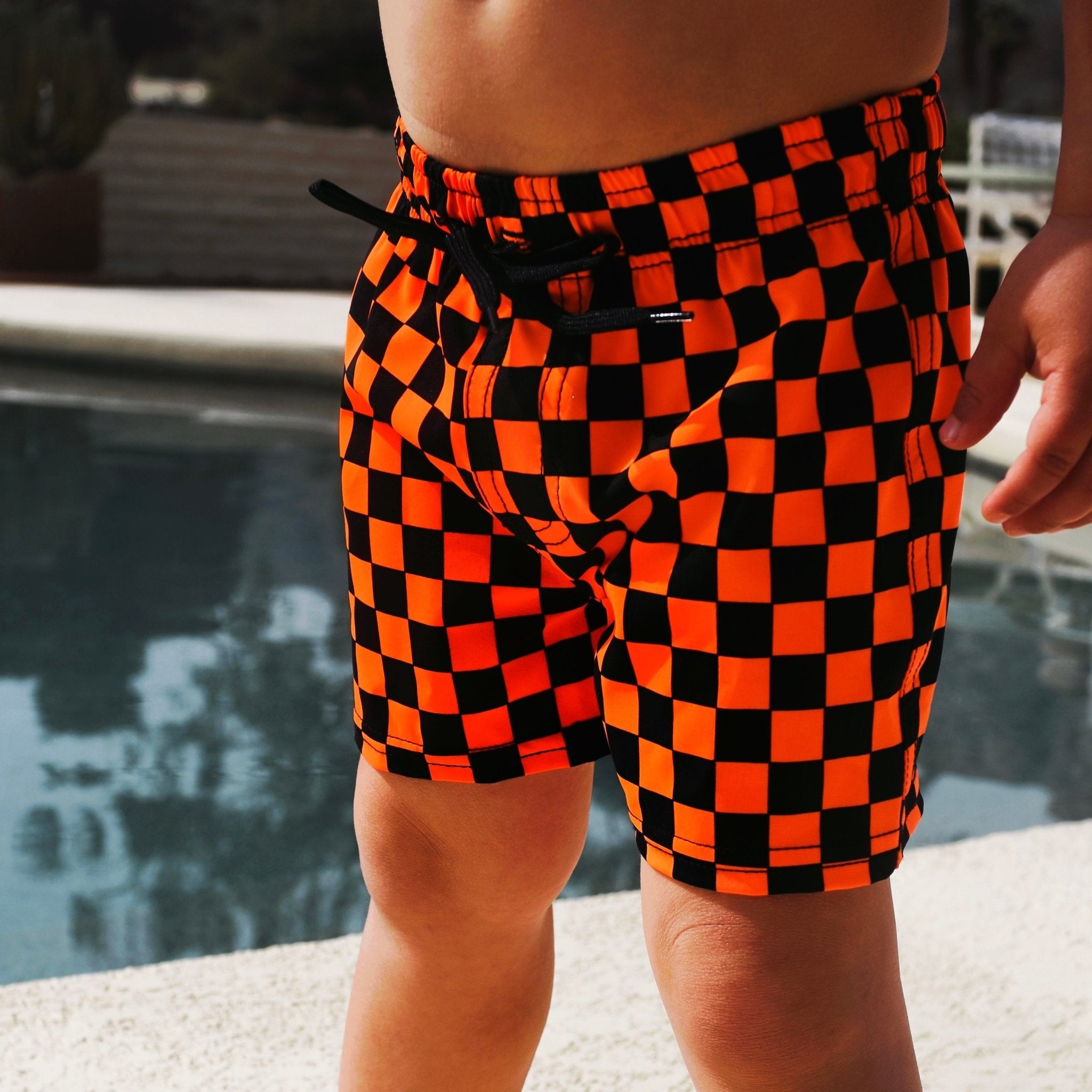 Neon Orange Check Hybrid Swim Shorts - George Hats